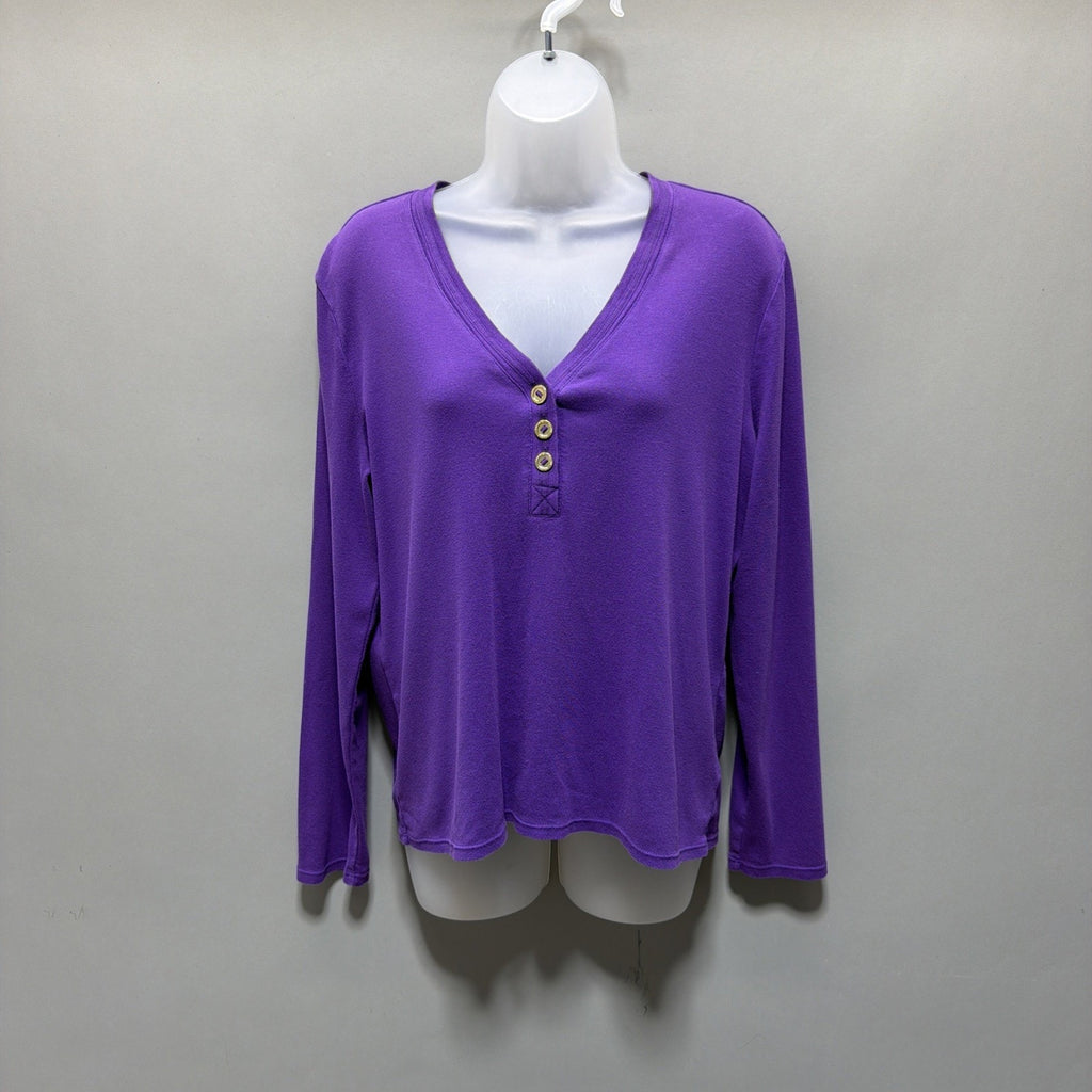 Lauren by Ralph Lauren Women's XL LS Purple V-Neck Gold Button Henley Shirt