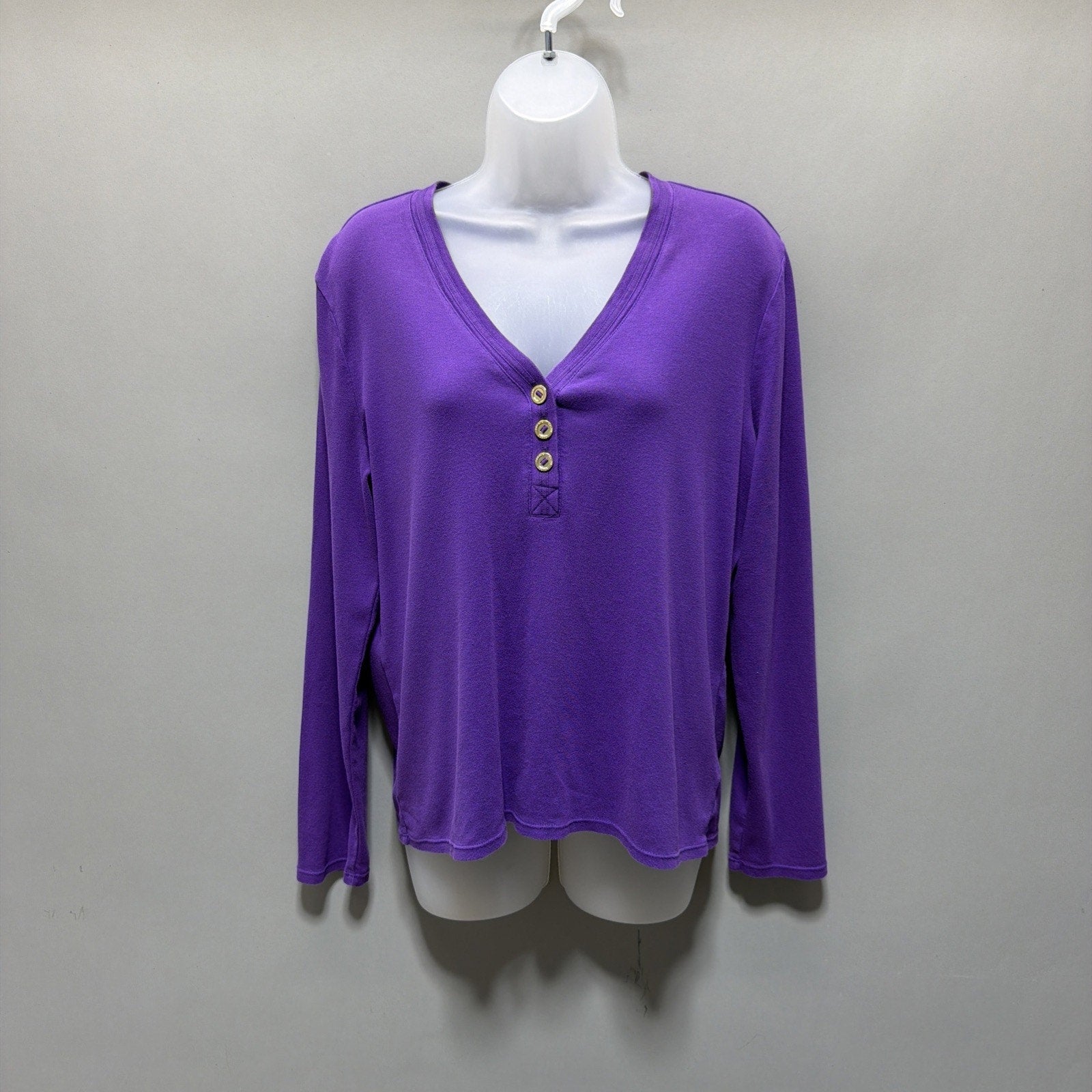Lauren by Ralph Lauren Women's XL LS Purple V-Neck Gold Button Henley Shirt