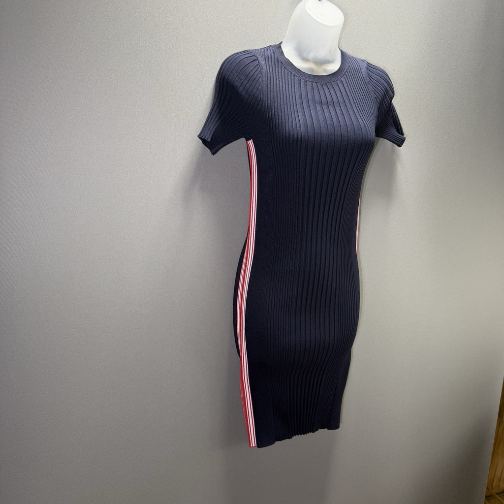 REO Womens Small NWT Navy Ribbed Knit Bodycon Dress Red White Side Stripe Mini