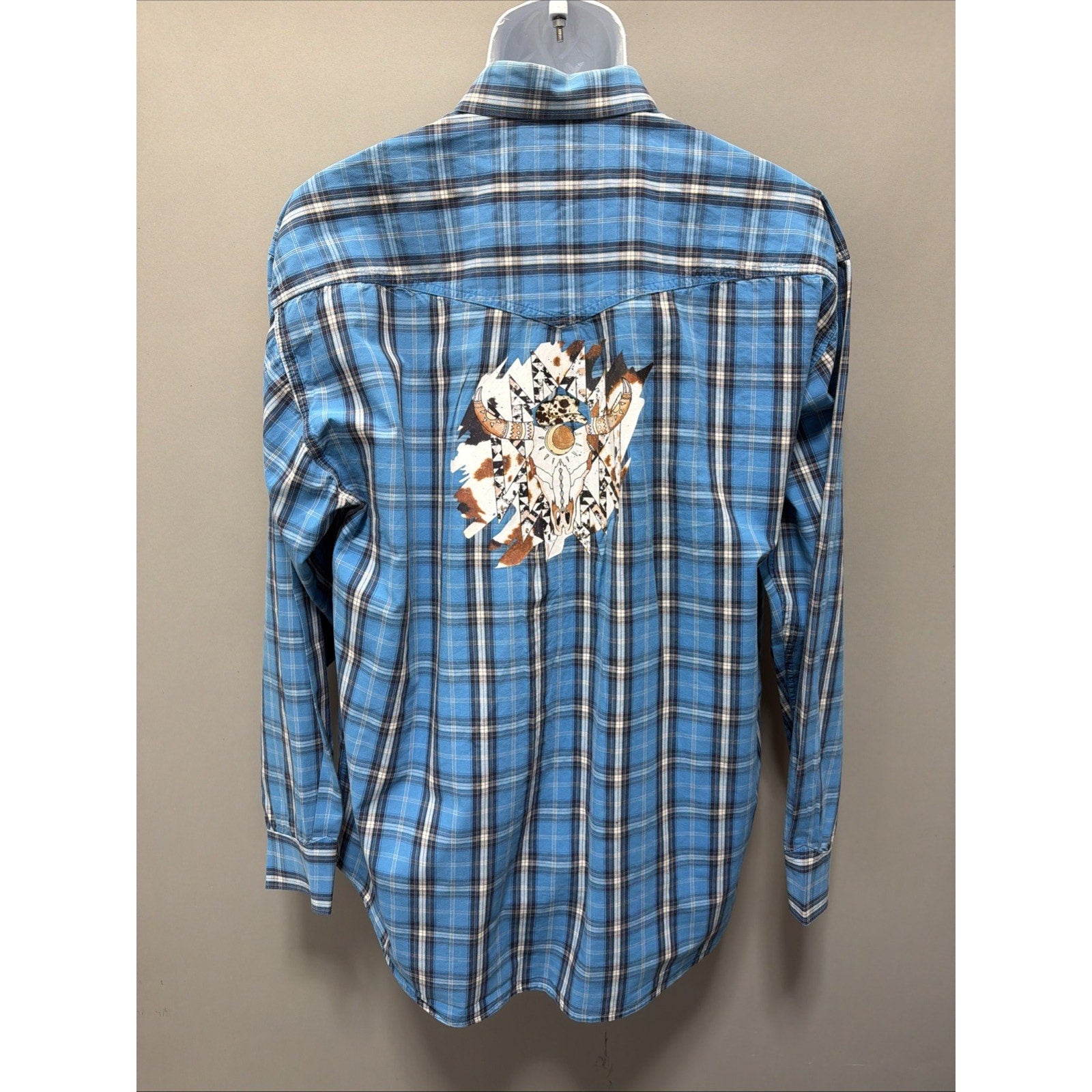 Mens Resistol Rodeo Gear L Blue White Tan Plaid Button Front Shirt Western