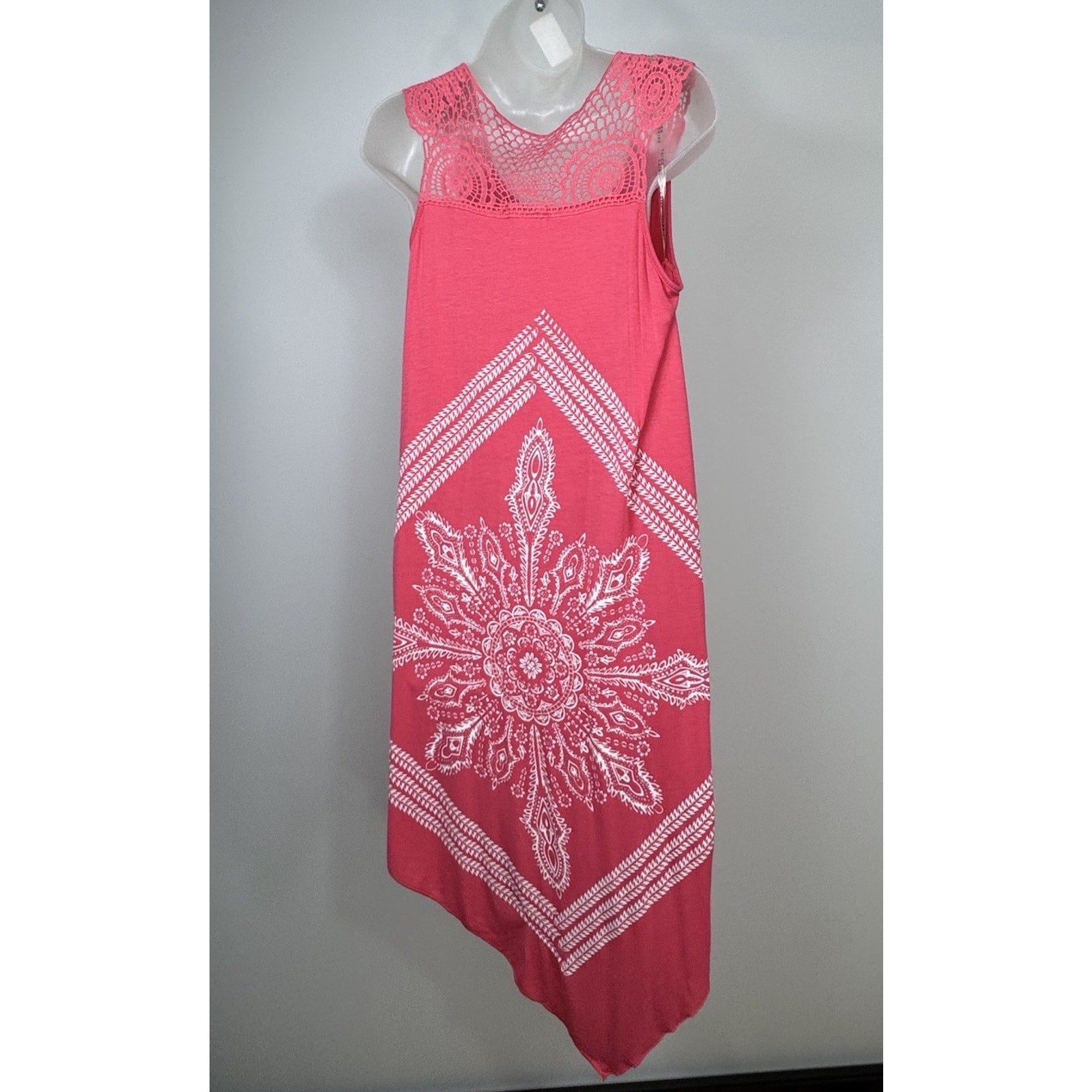 Exist Maxi Dress Womens Small/Medium Coral Leaf Print Sleeveless Crochet Boho