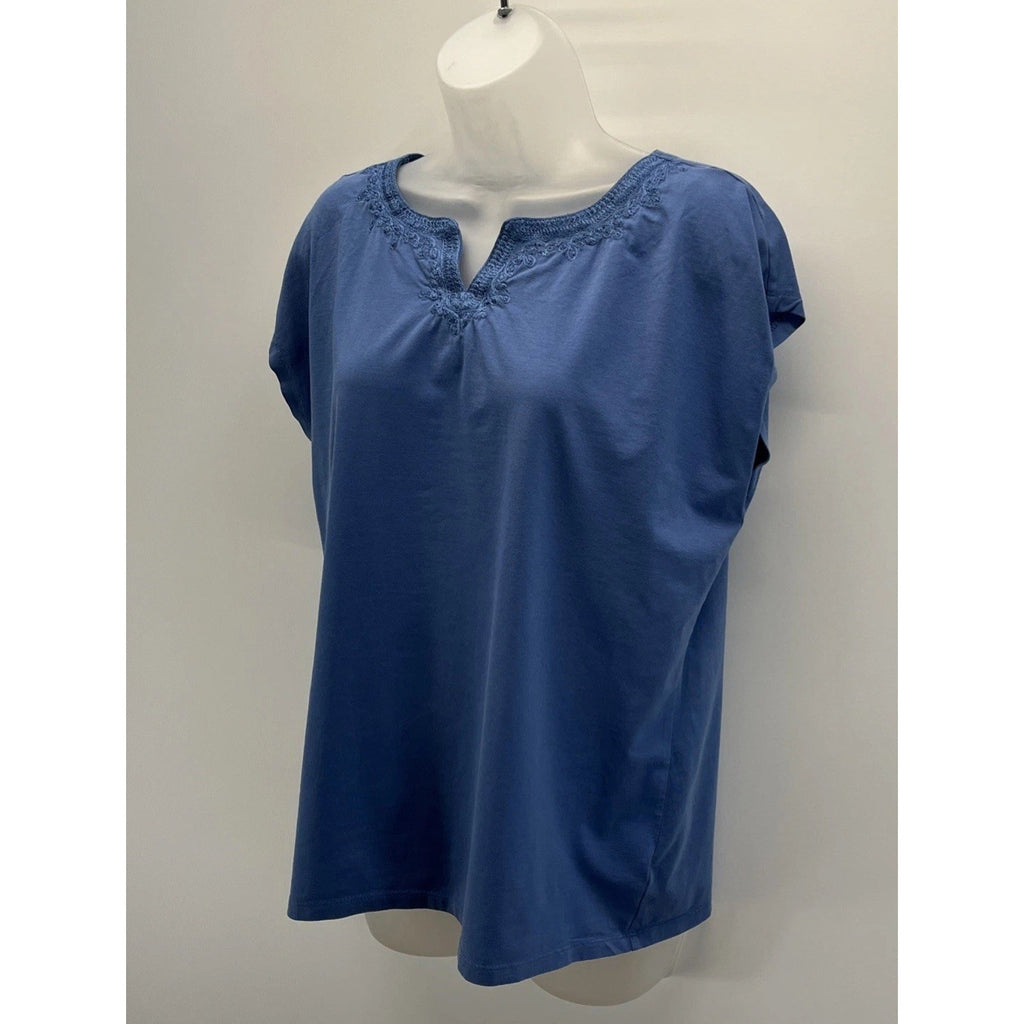 TALBOTS Embroidered Women short sleeve Top - blue - Petite Size PL