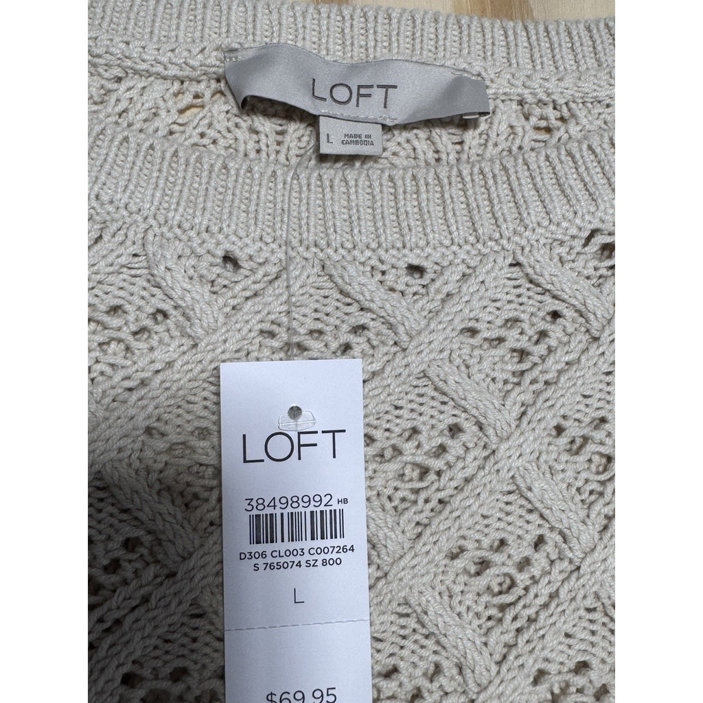 LOFT Women’s Large Cream Open Knit Sweater Bell Sleeve Boho Cotton Blend NWT