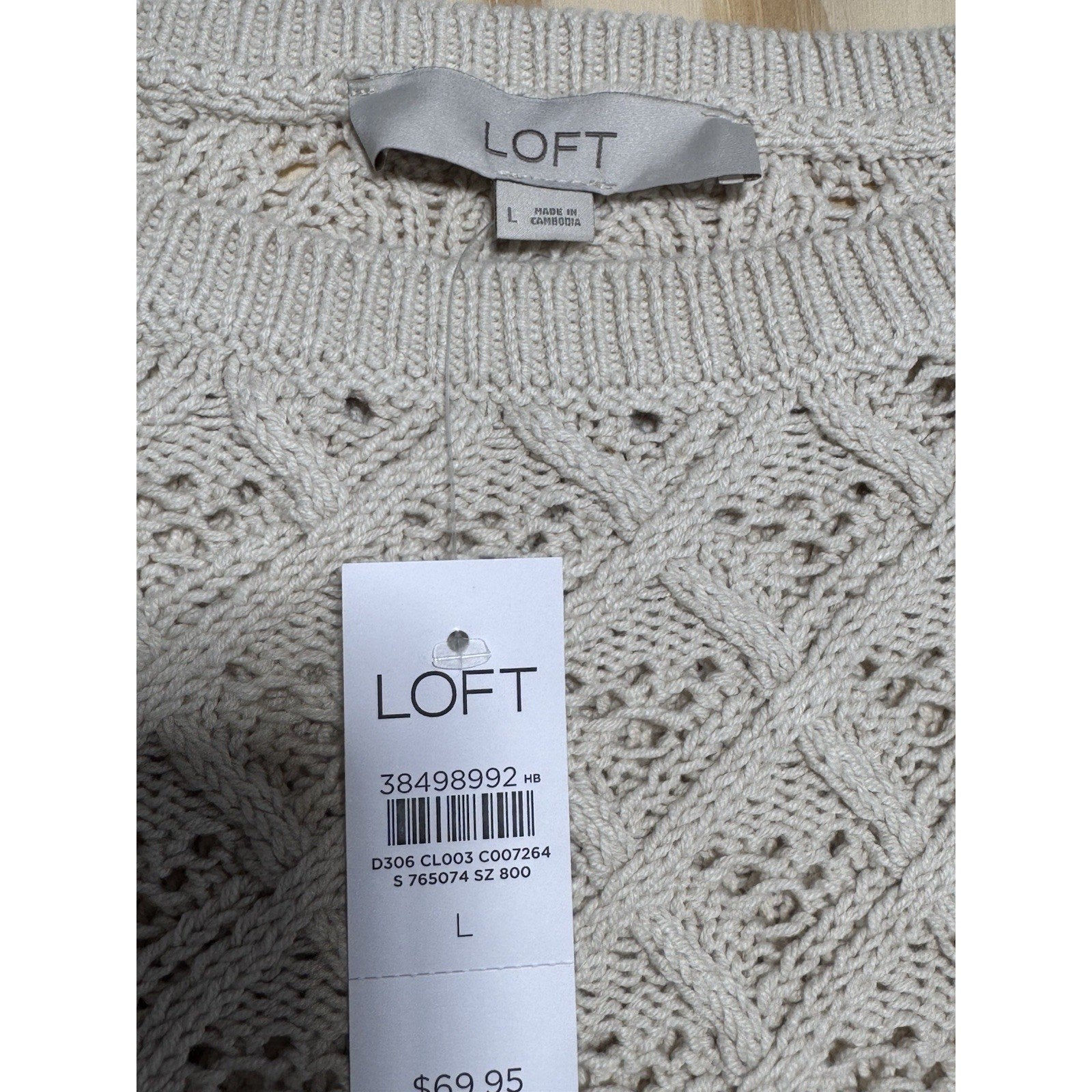 LOFT Women’s Large Cream Open Knit Sweater Bell Sleeve Boho Cotton Blend NWT