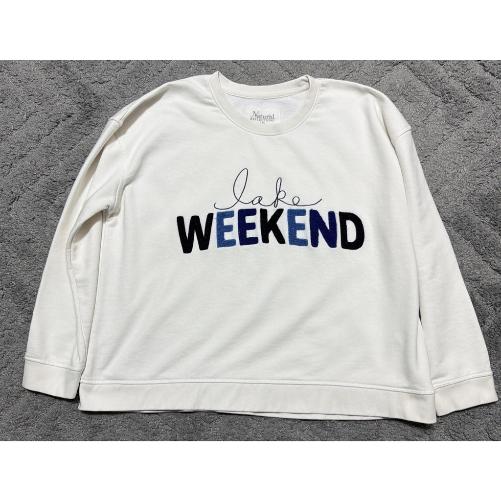 Lake Weekend Sweatshirt Women’s Large White Graphic Crewneck Cozy Casual Natural