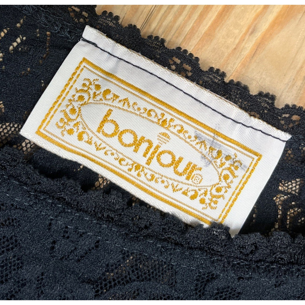 Vintage Bonjour Black Lace Floral Top Short Sleeve Made In USA 100% Nylon