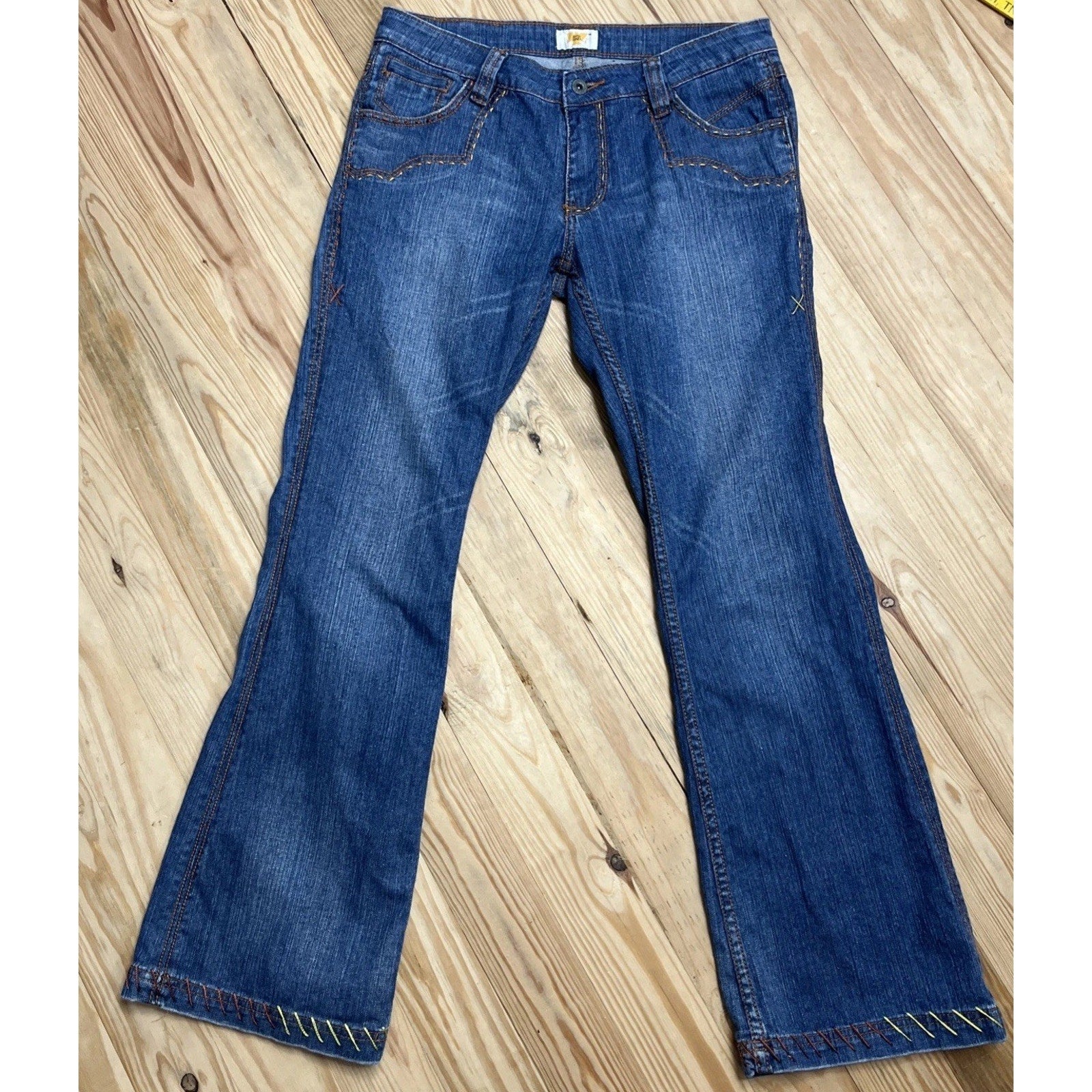 Antik Denim Women size 30 Distressed Bell Bottom Blue Jeans Stitching Southwest