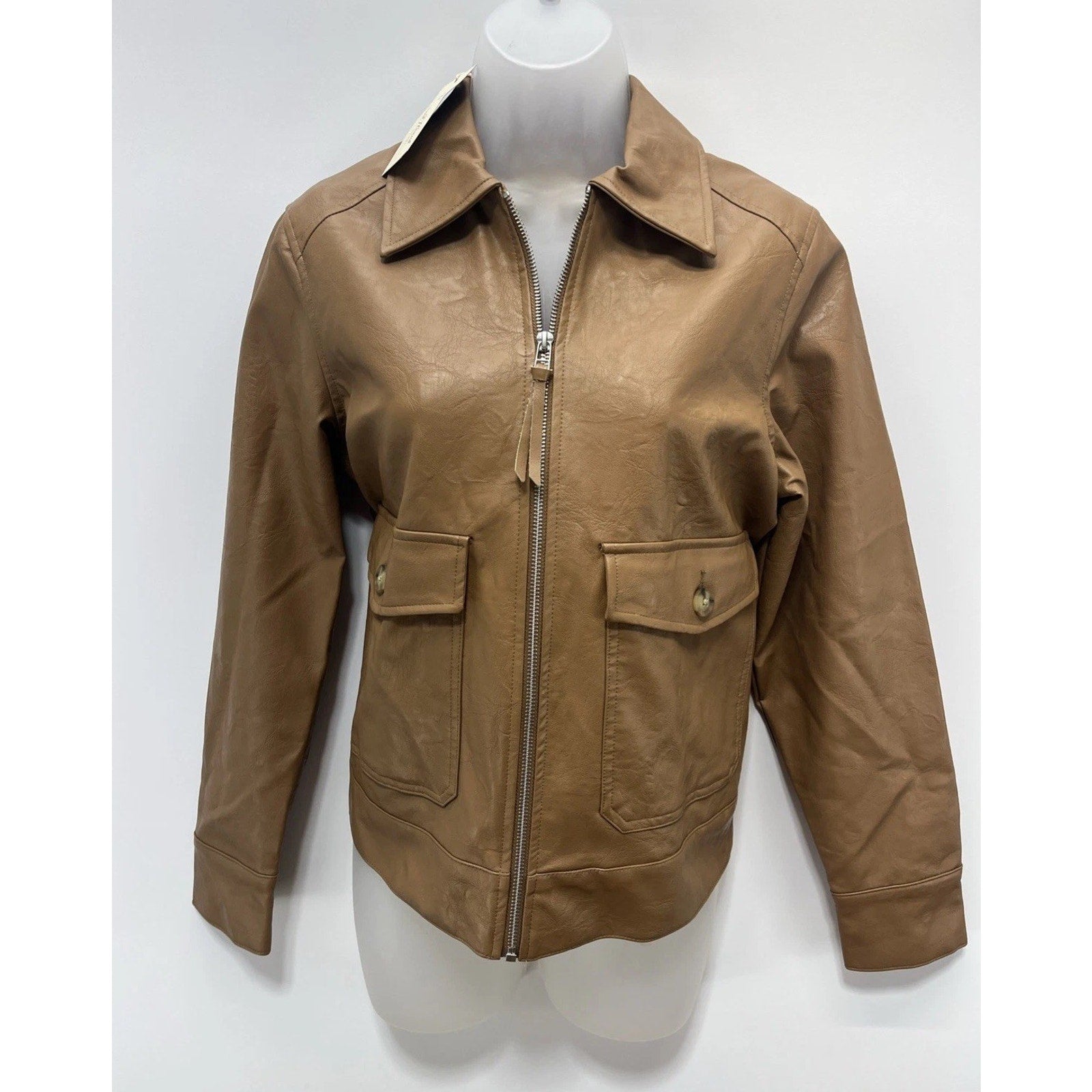 Universal Thread womens brown faux leather jacket, Sz S, zip front, pockets