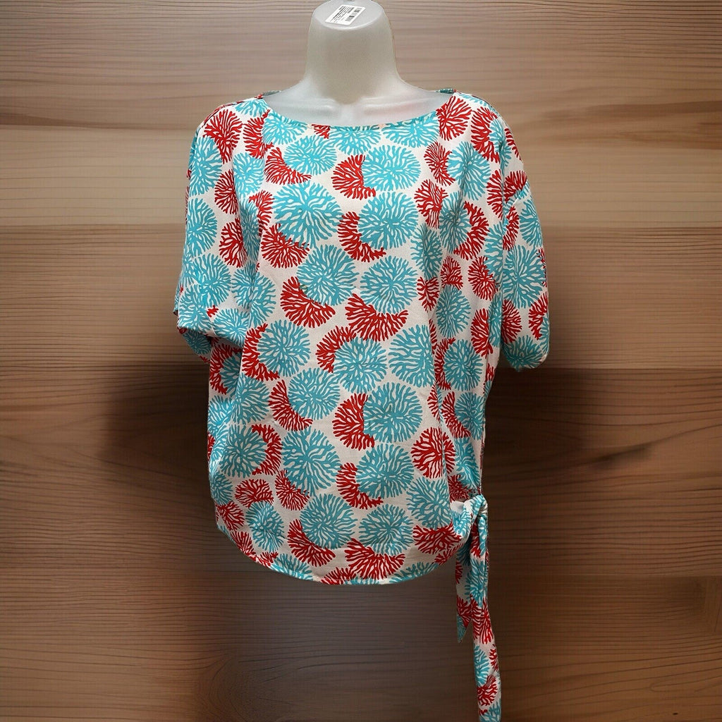 Michael Kors McKenna Top Short Sleeve Side Tie Coral Aqua Boat Neck Women's Smal