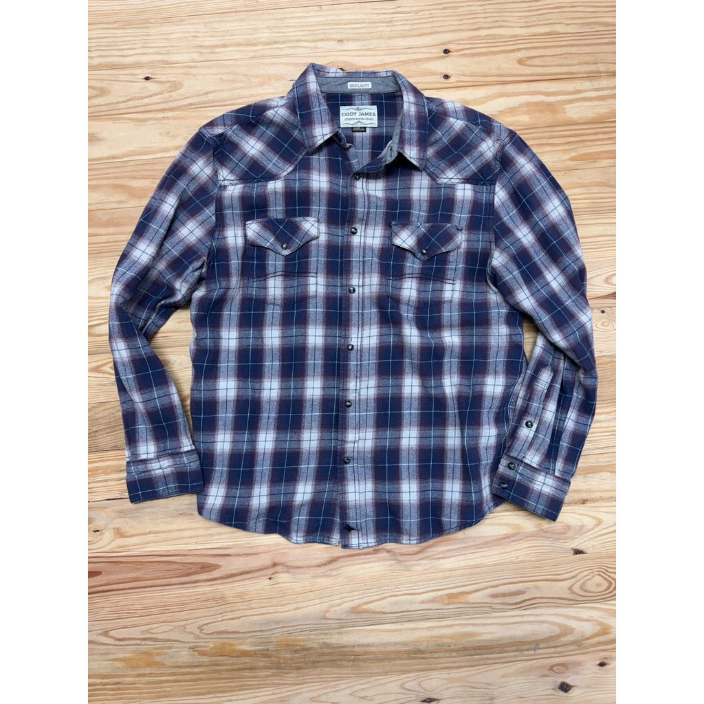 Cody James Long Sleeve Western Pearl Snap Flannel Purple Plaid L