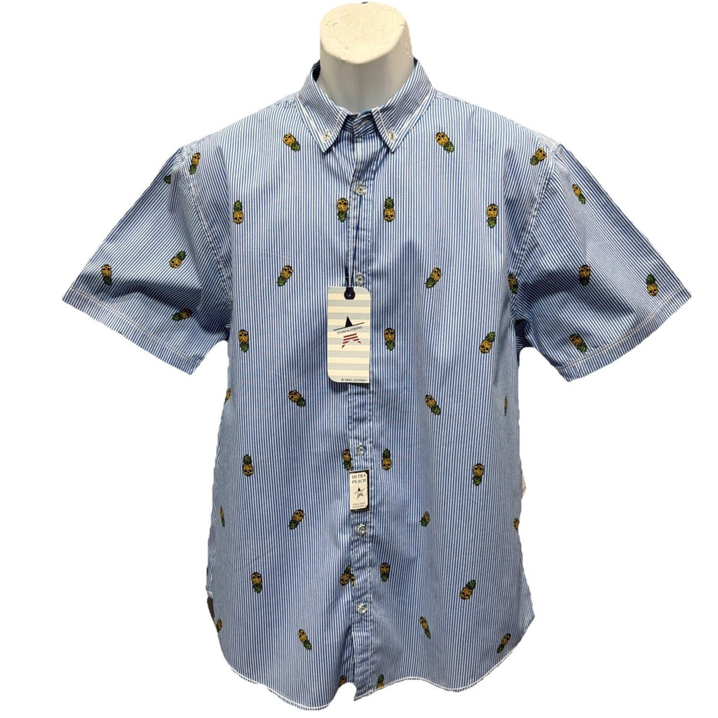NWT Stars & Stripes XL Pineapple Skull Button Up Shirt Blue Striped Slim Fit