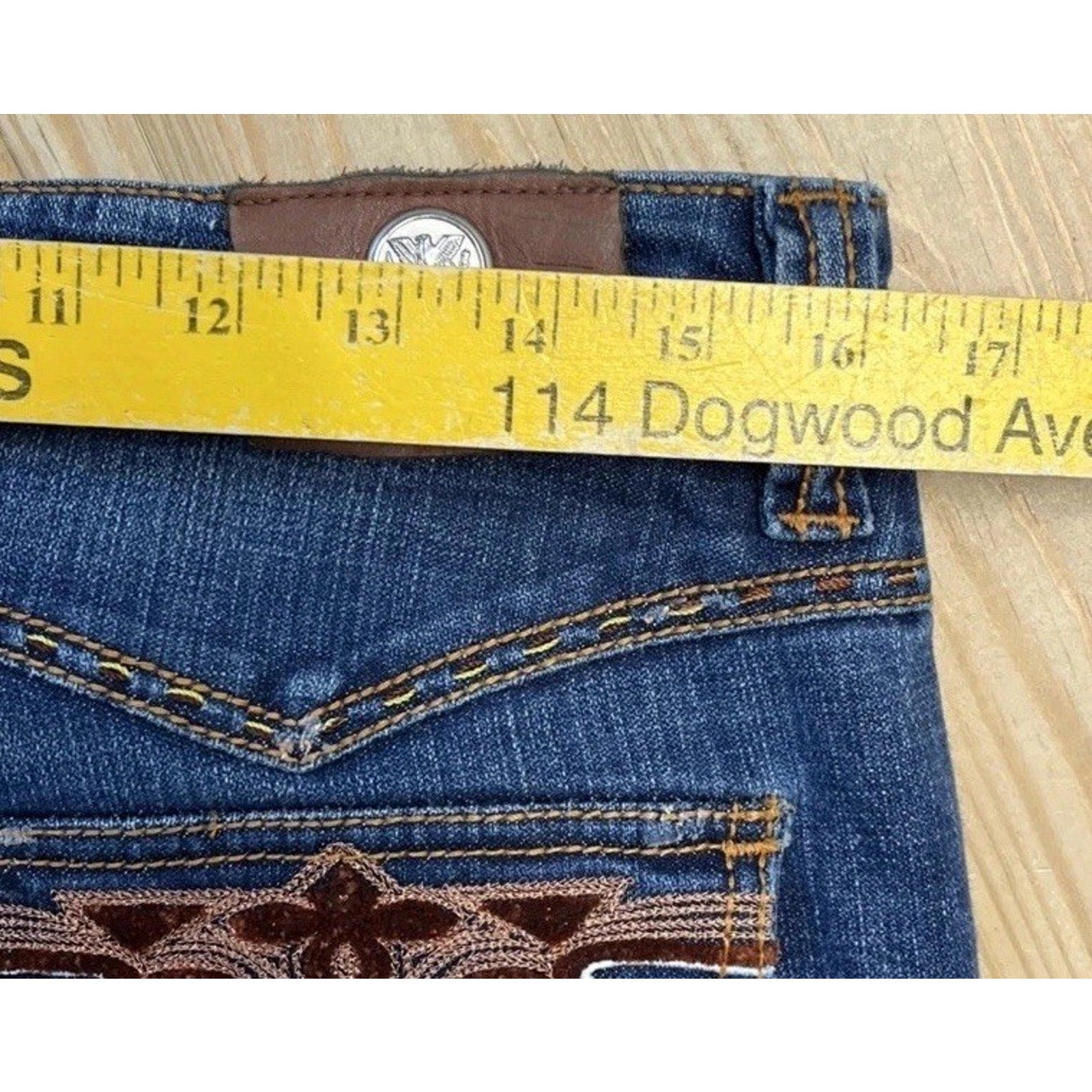 Antik Denim Women size 31 Distressed Bell Bottom Blue Jeans Stitching Southwest