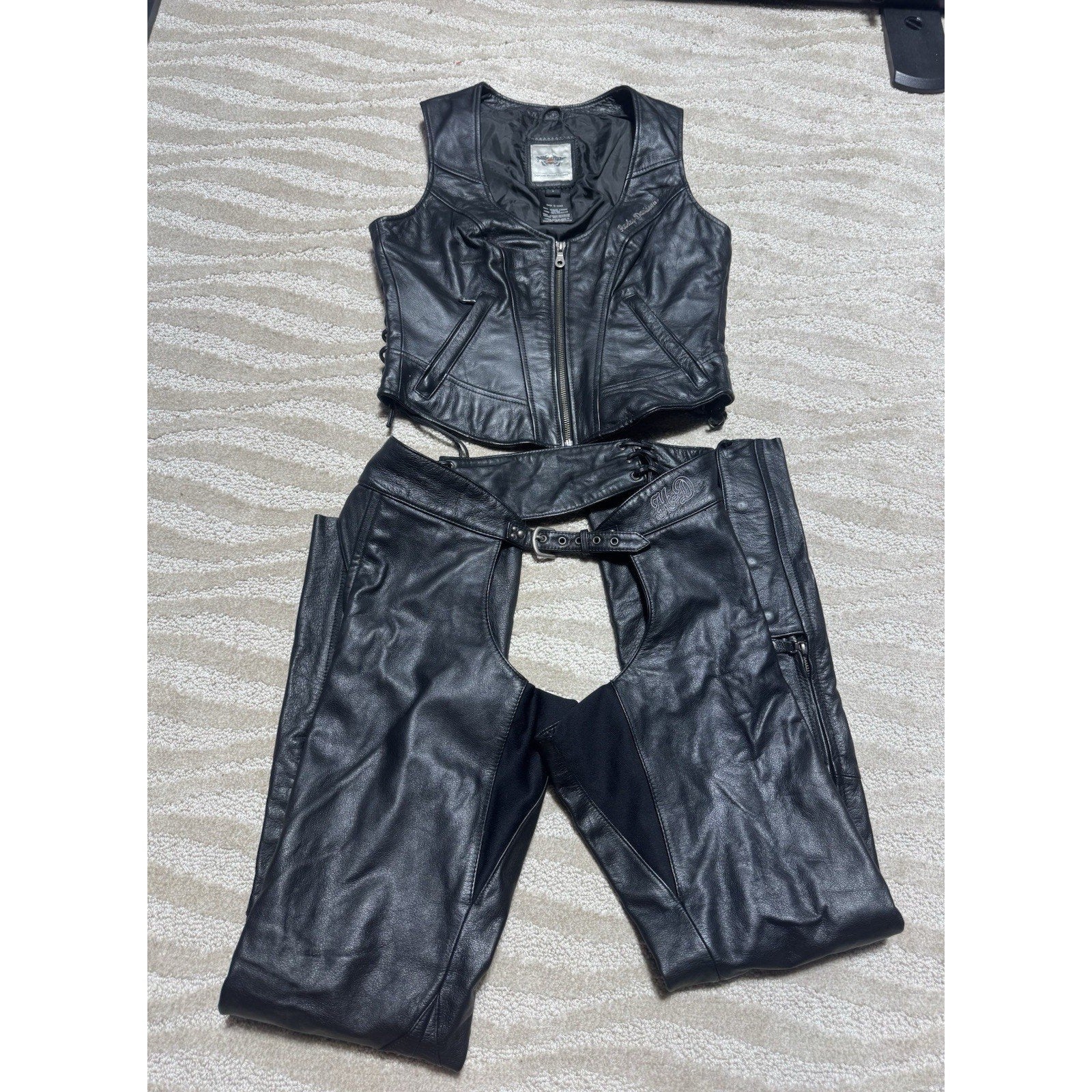 Harley-Davidson Leather Vest & Chaps Matching Set Green Wing Logo Black