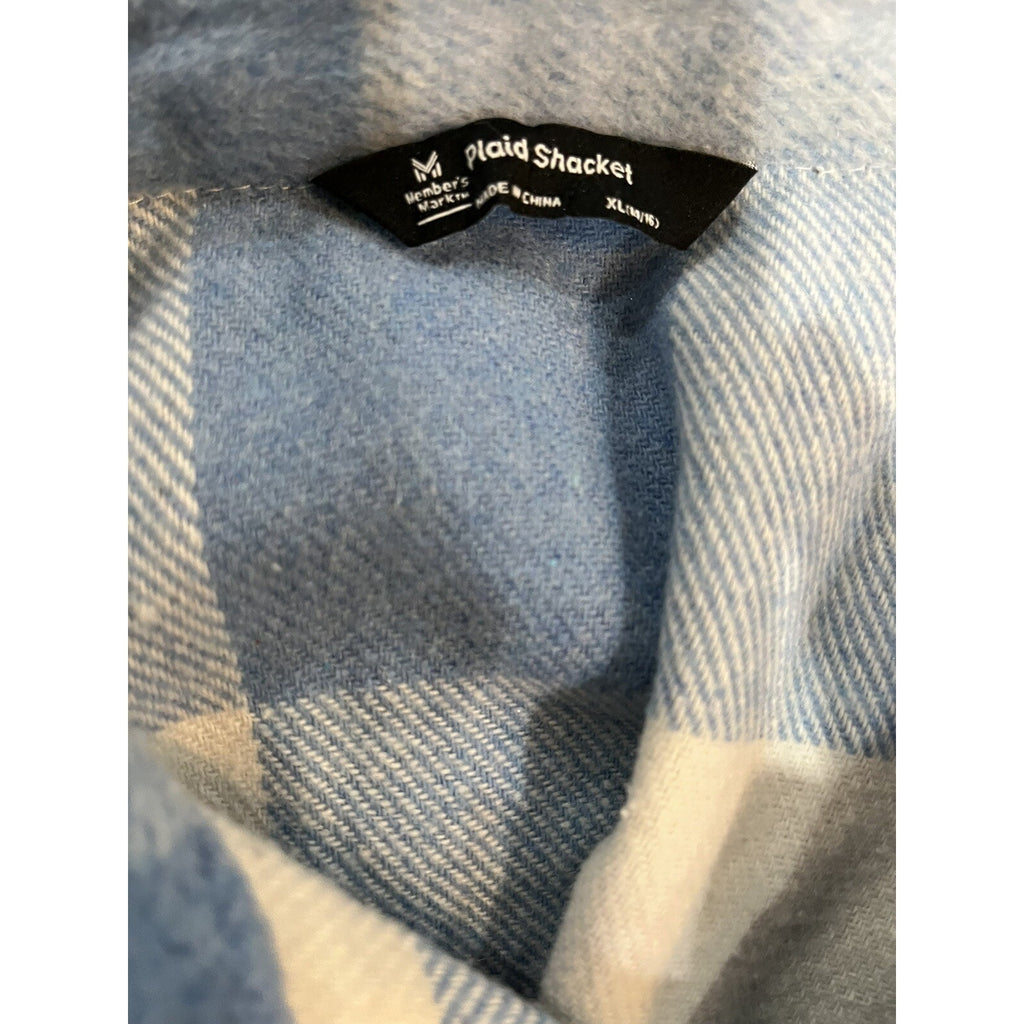 Members Mark Girls Blue Plaid Shacket Pockets Relaxed Fit Sz XL 14-16
