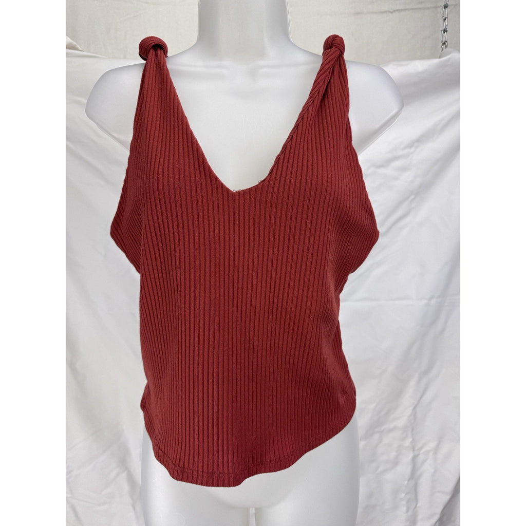 Miss Me Ribbed Halter Tank Top Women's Size L Red Knotted Shoulders