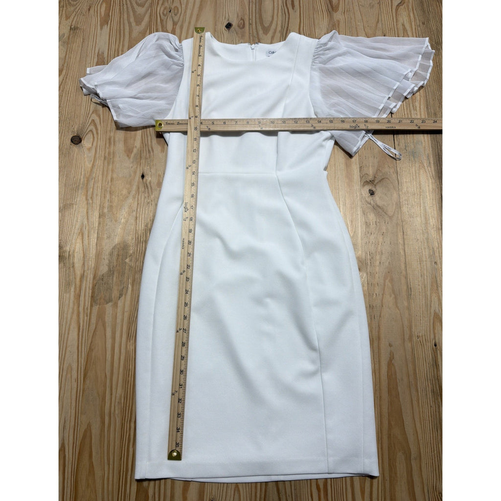 CALVIN KLEIN FLUTTER CHIFFON SLEEVE W/ BUTTONS SHEATH DRESS, WHITE, SIZE 6