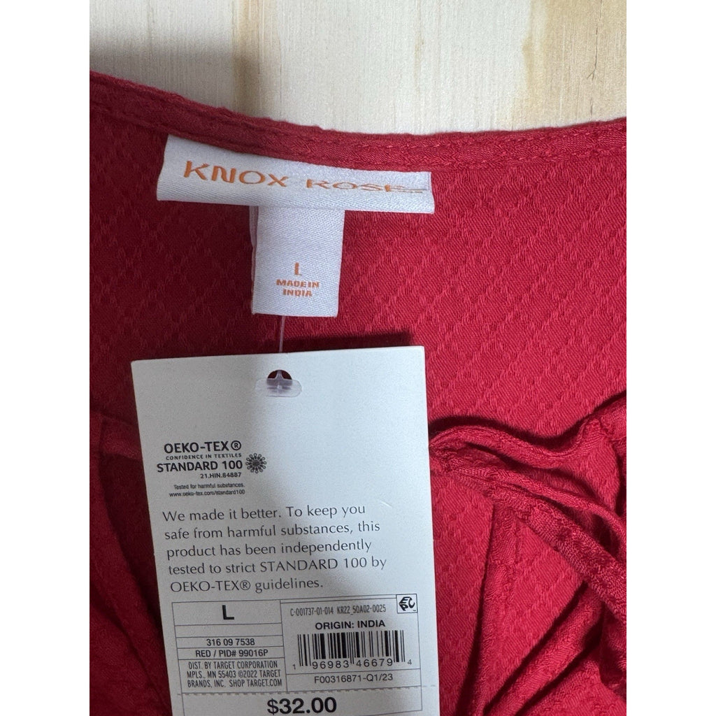 NWT Knox Rose Dress Large Red Textured Tie Neck Flutter Sleeve Tiered Midi Boho