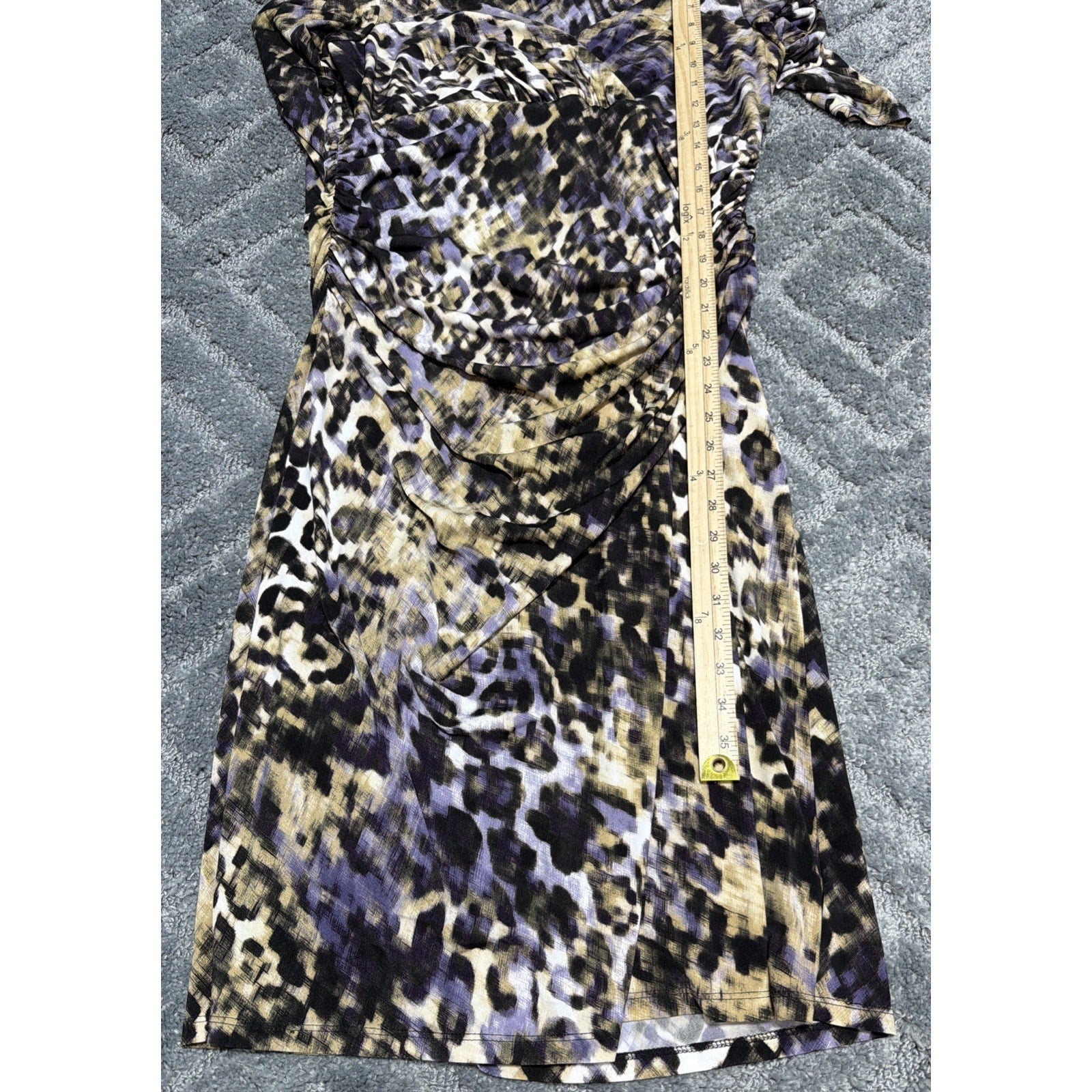 Lauren Ralph Lauren Abstract Animal Print Ruched Wiggle Dress Size 14 Purple Tan