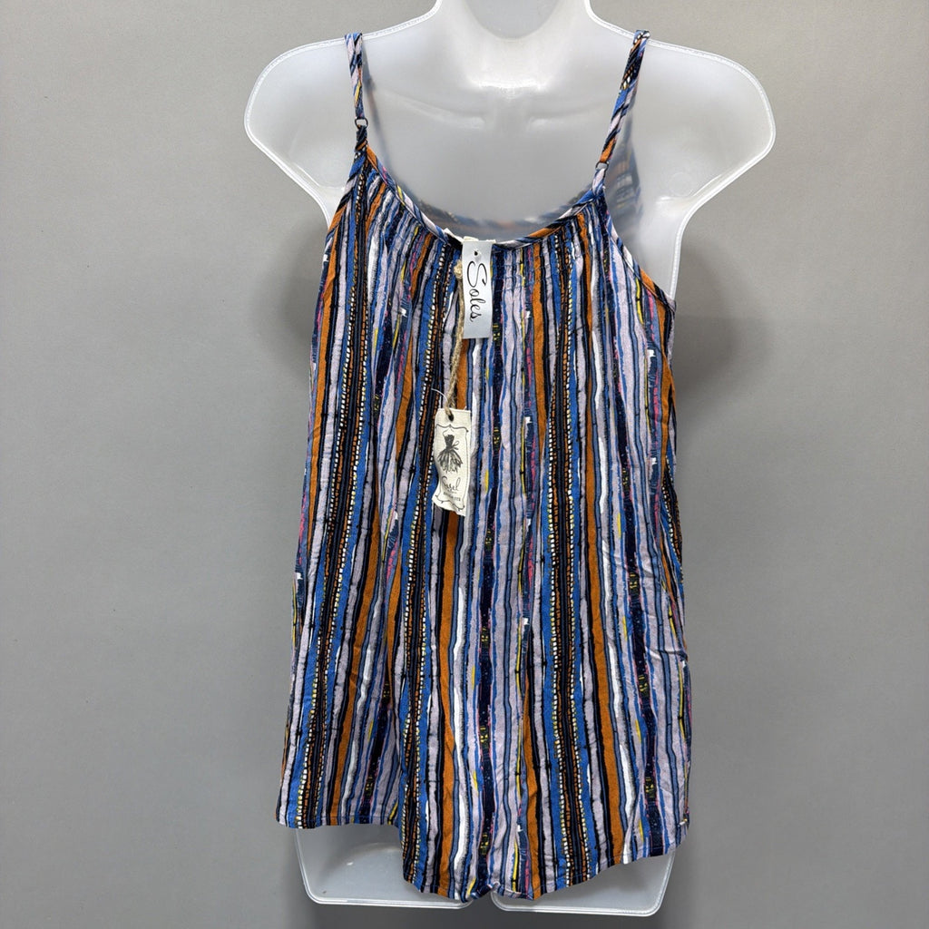 Easel Blouse Tank Womens S Stripe Crinkle Adjust Straps Smocked Bodice New