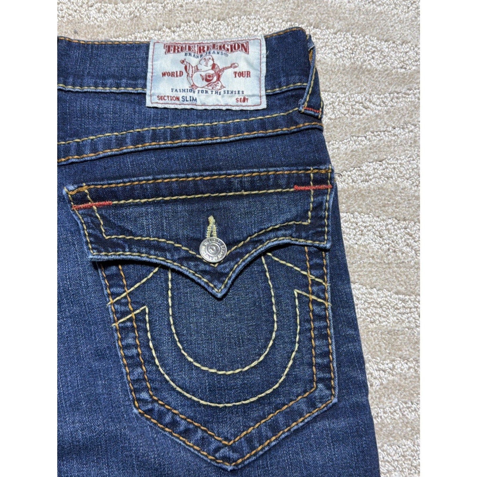 True Religion World Tour 32x32 Ultra Indigo Slim Flap Big T Mens Jeans Excellent
