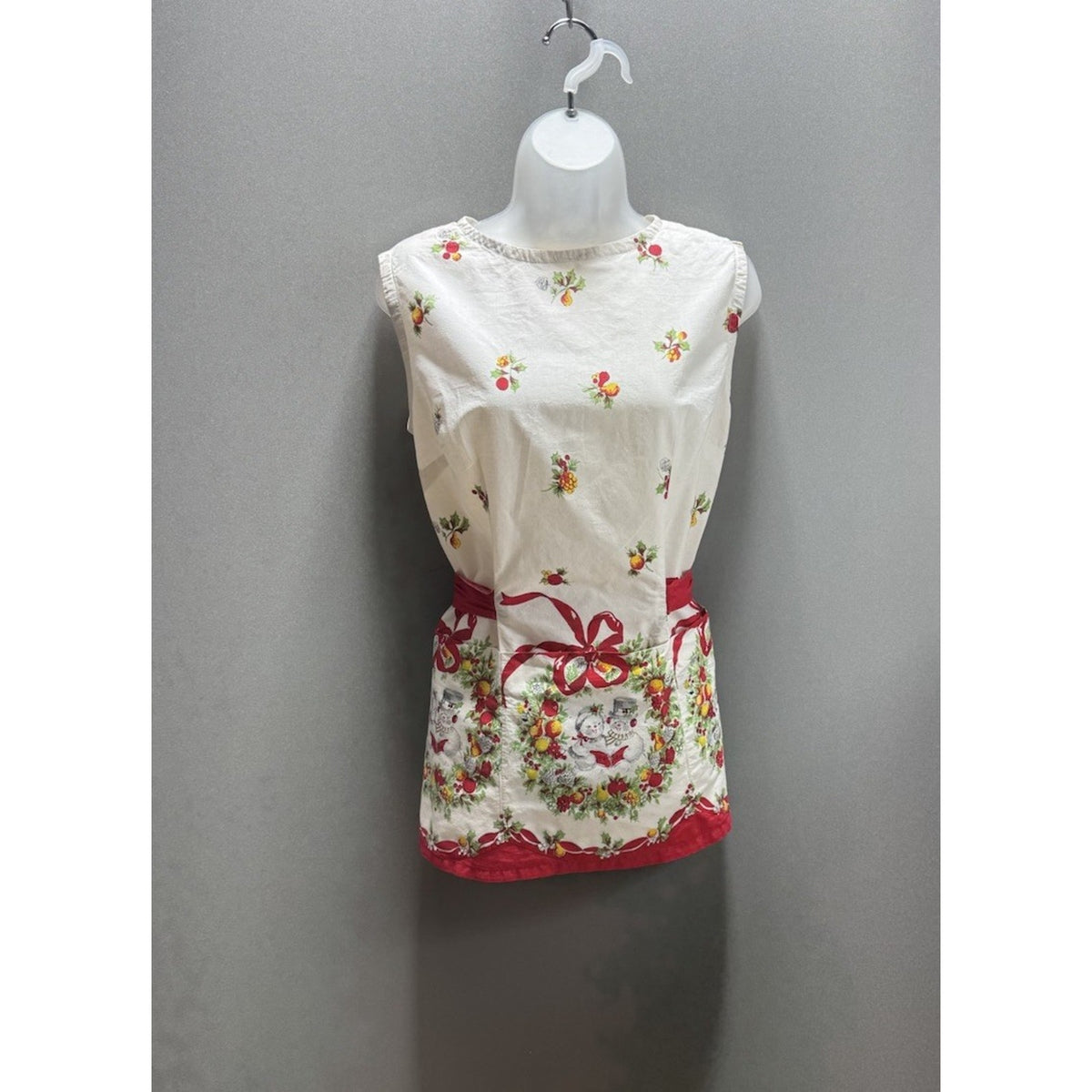 Vintage Christmas Cobbler Apron Snowman Wreath Red Bow Pockets Holiday Smock