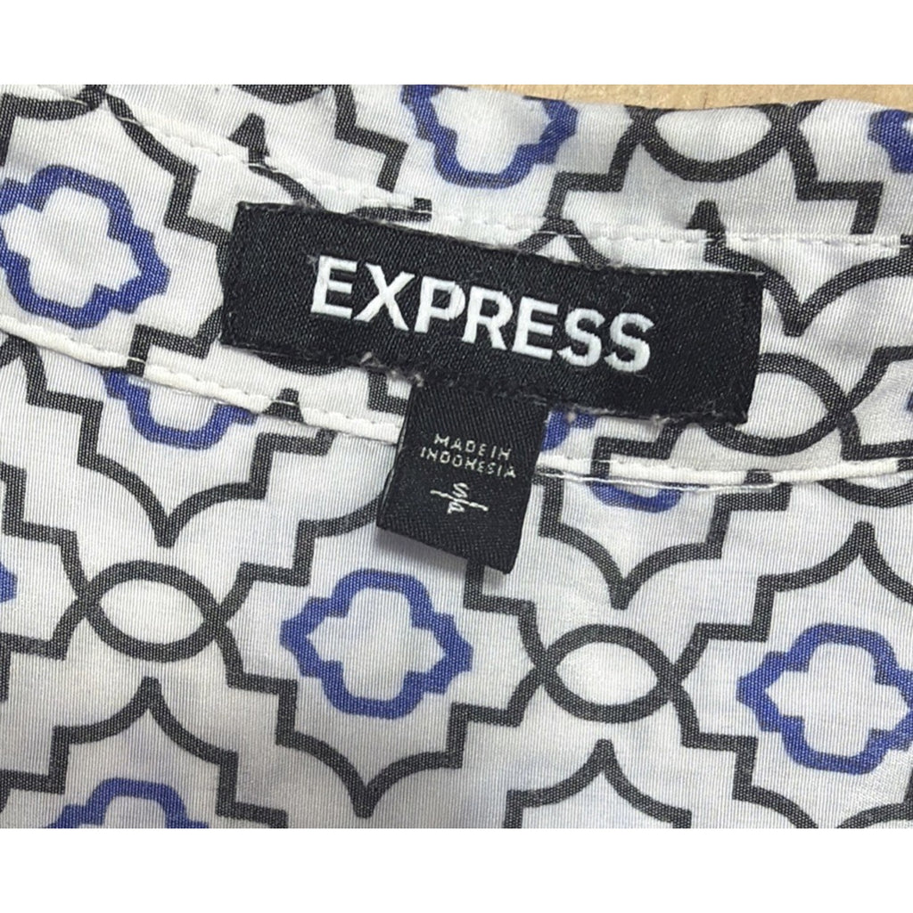 Express The City Shirt Mosaic White Blue Gray Geo Sleeve M