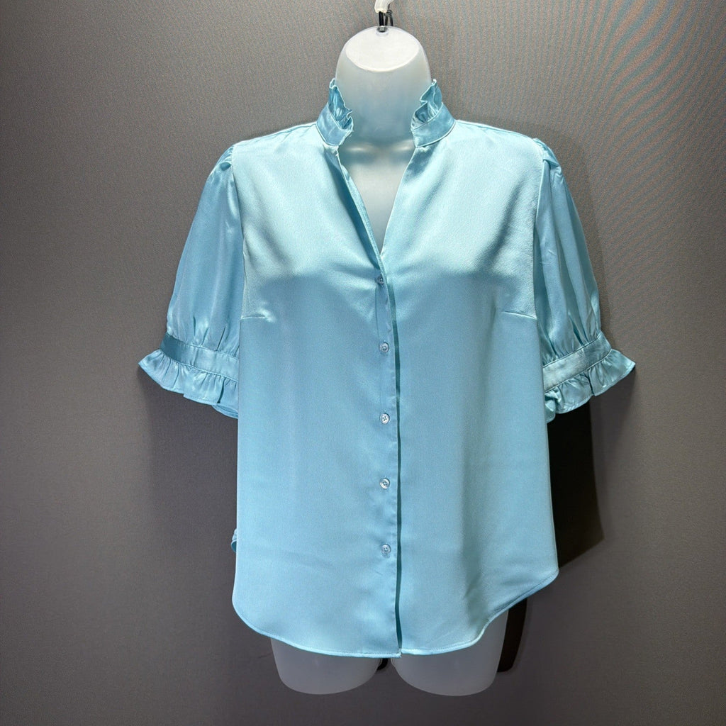 Ann Taylor Blue Satin Ruffle Button Short Sleeve Blouse Size XS