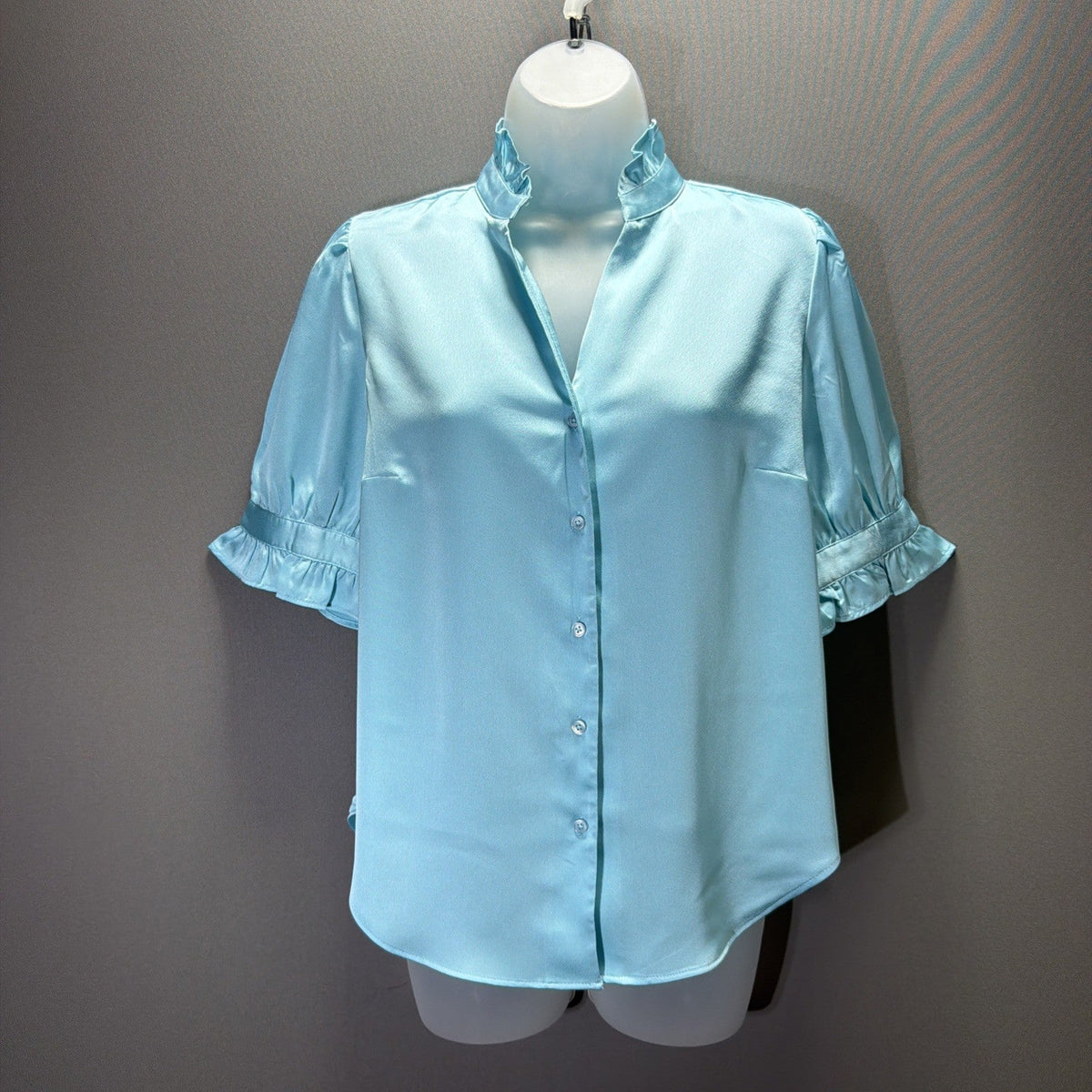 Ann Taylor Blue Satin Ruffle Button Short Sleeve Blouse Size XS