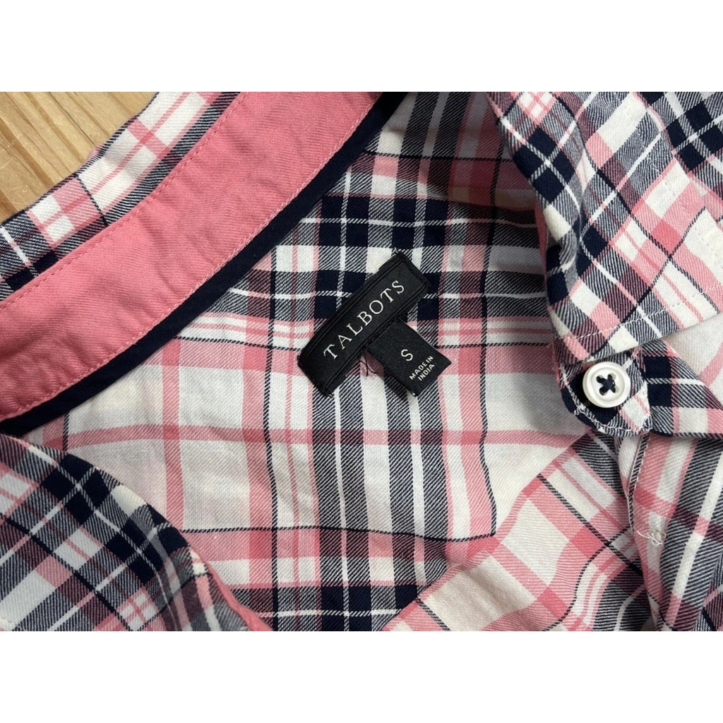 Talbots Womens Blouse Plaid Button Up Cotton Plaid Blue Pink Long Sleeve Size S