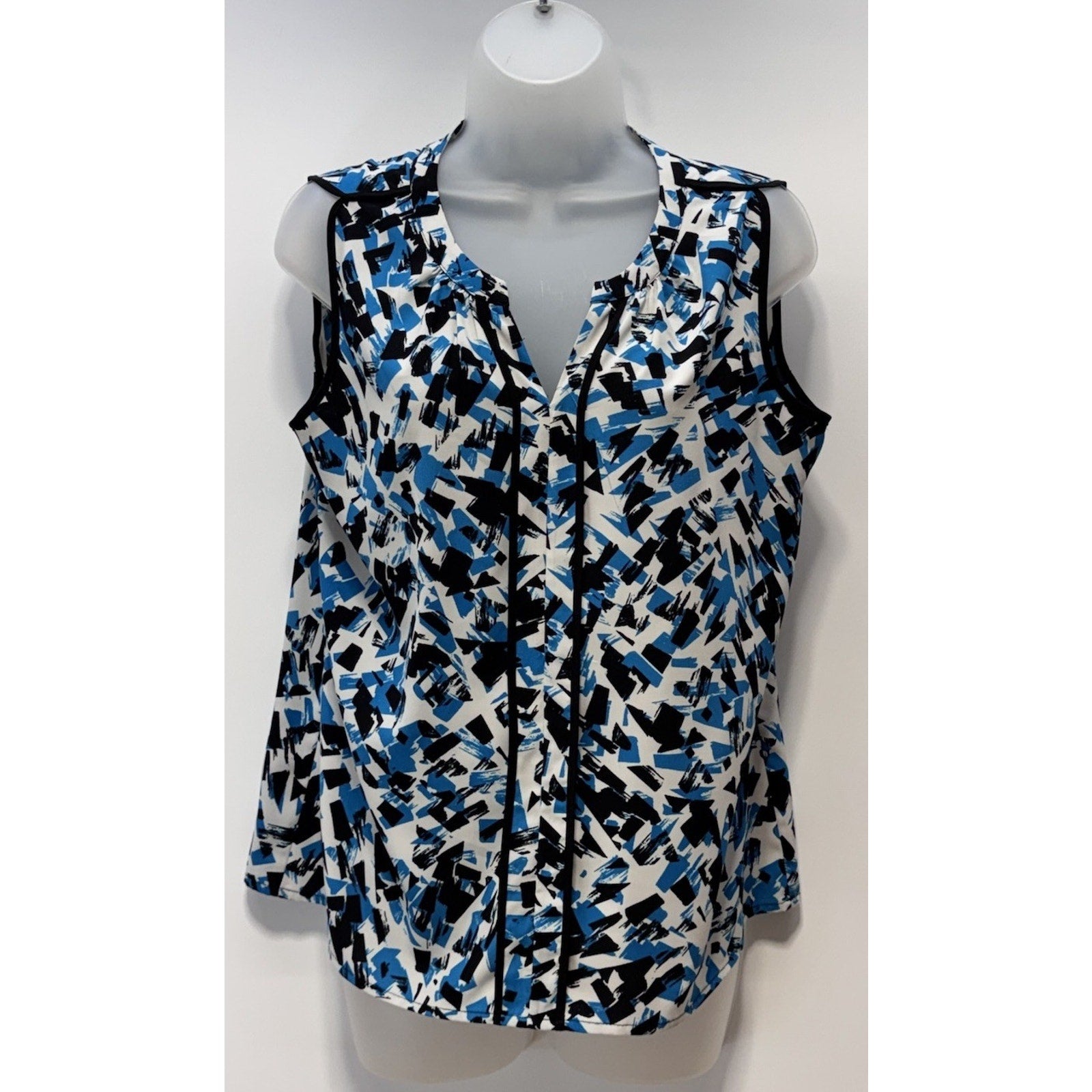 Calvin Klein Blue, Black & White Geometric Print Blouse Measures Petite Large