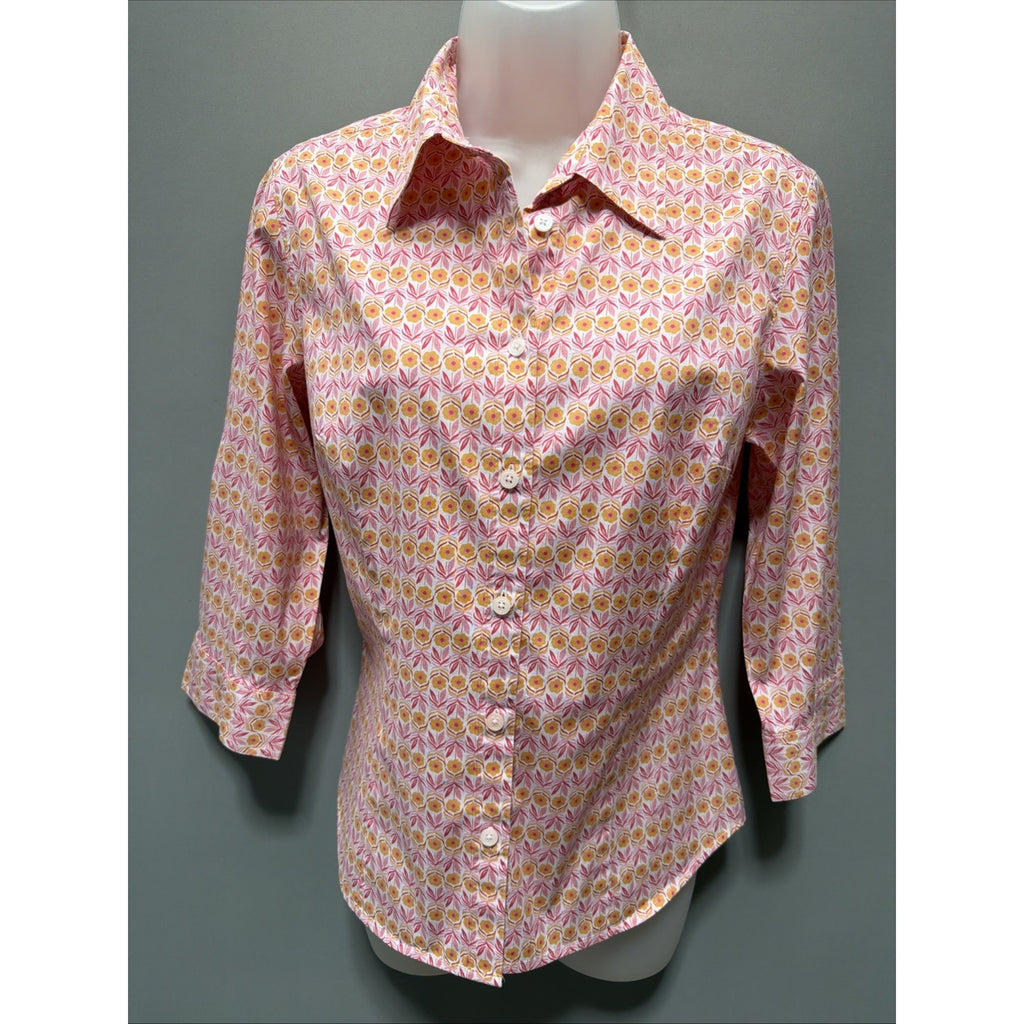 Talbots Coral Print Shirt Size S Pink White Button Up Long Sleeve Beach Floral