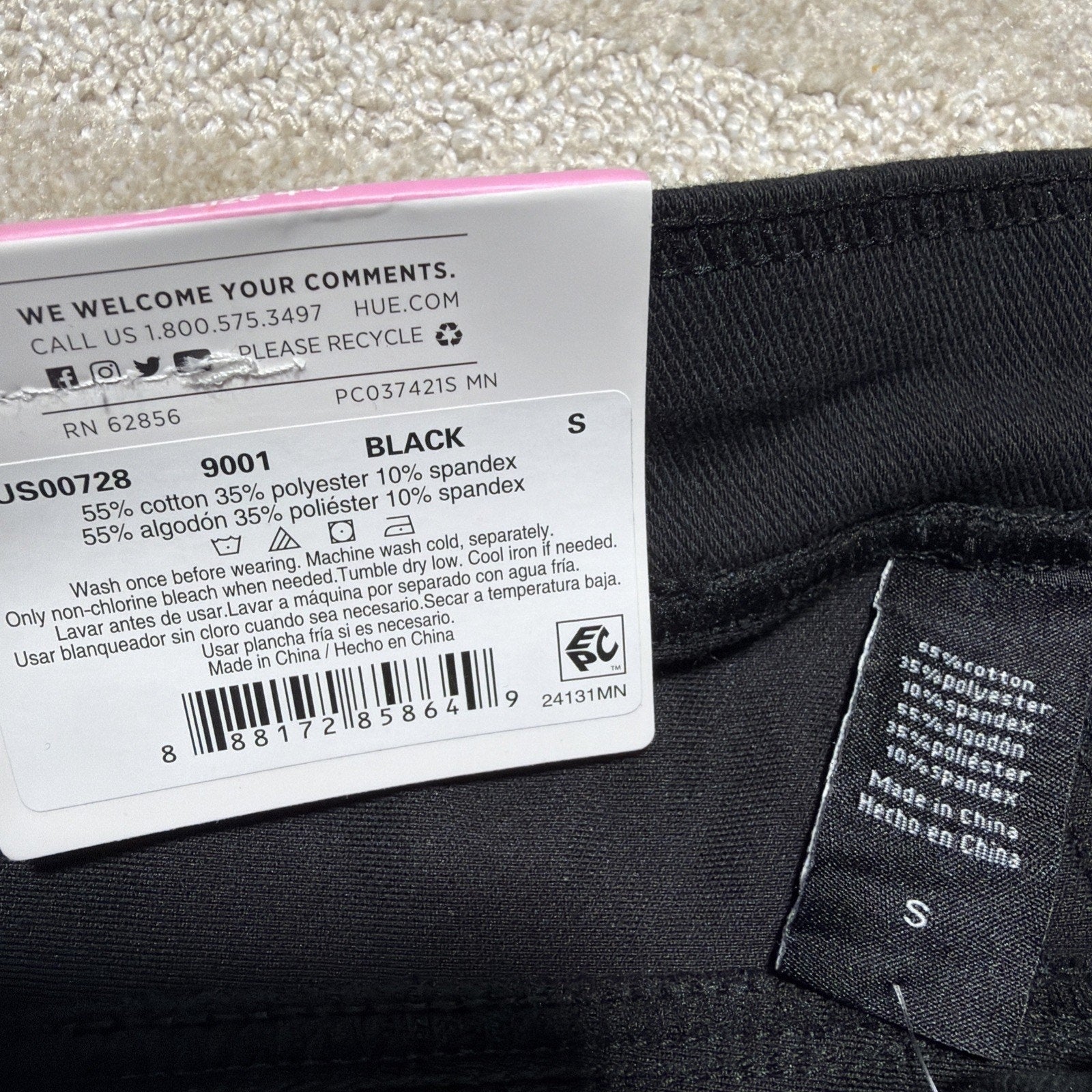 HUE Black Yoga Stretch Denim High Rise Back Pockets Full Length Legging Sz S 4-6