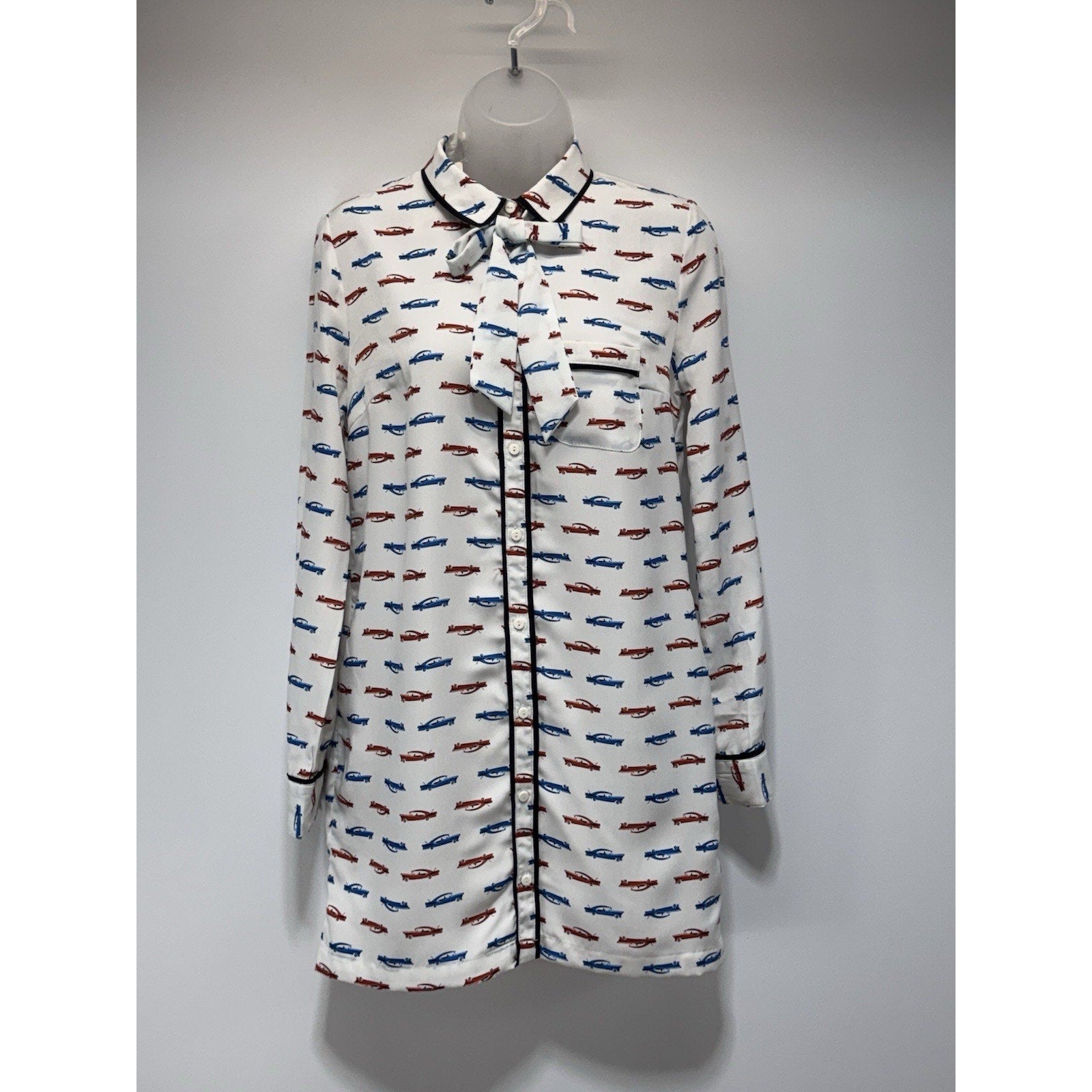 Cooperative Car Print Shirt Dress Multi Color Pop Art With Bow Tie NWT Size S