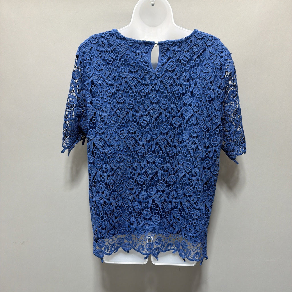 NWT Philosophy XL Blue Lace Short Sleeve Blouse Lined Pearl Button Closure