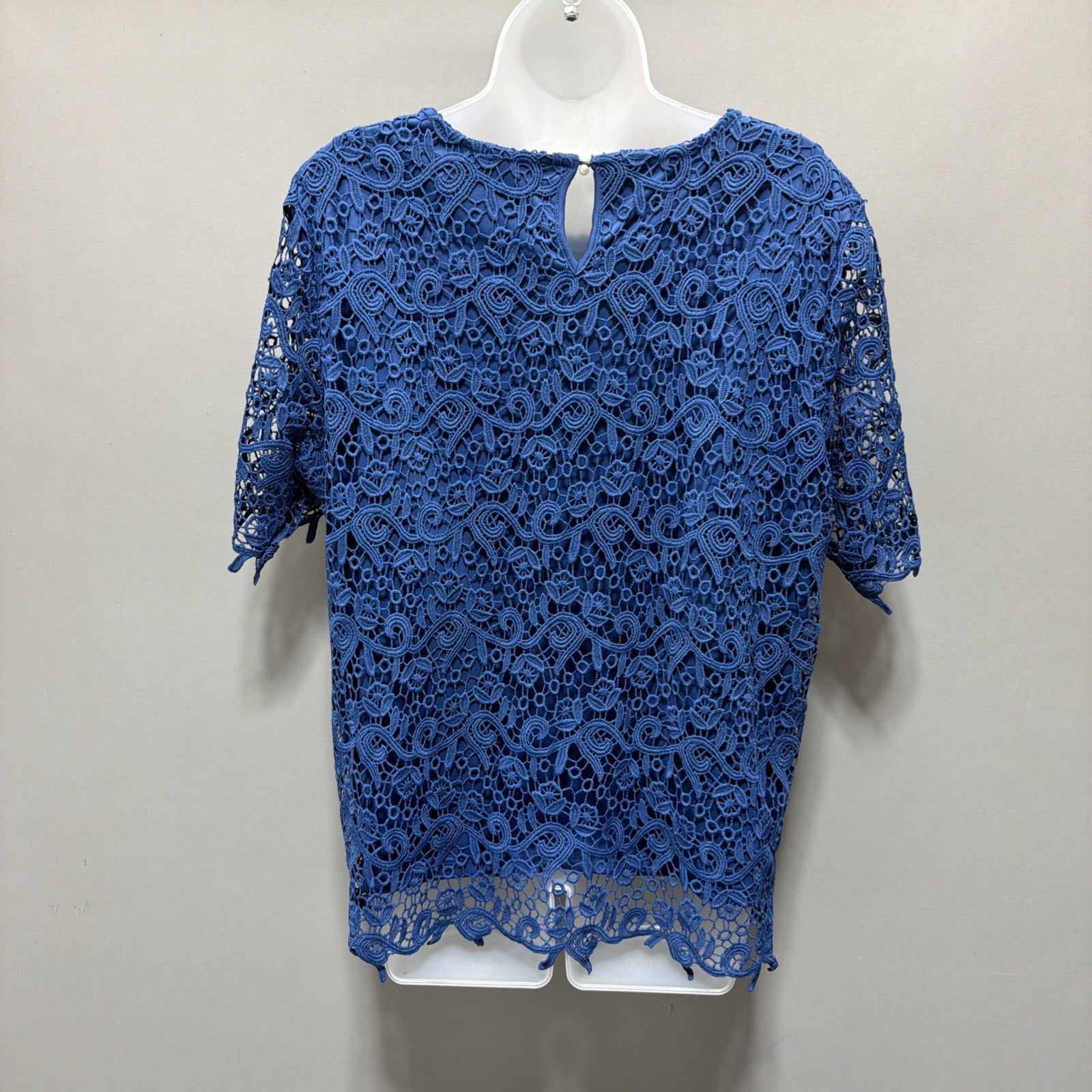 NWT Philosophy XL Blue Lace Short Sleeve Blouse Lined Pearl Button Closure