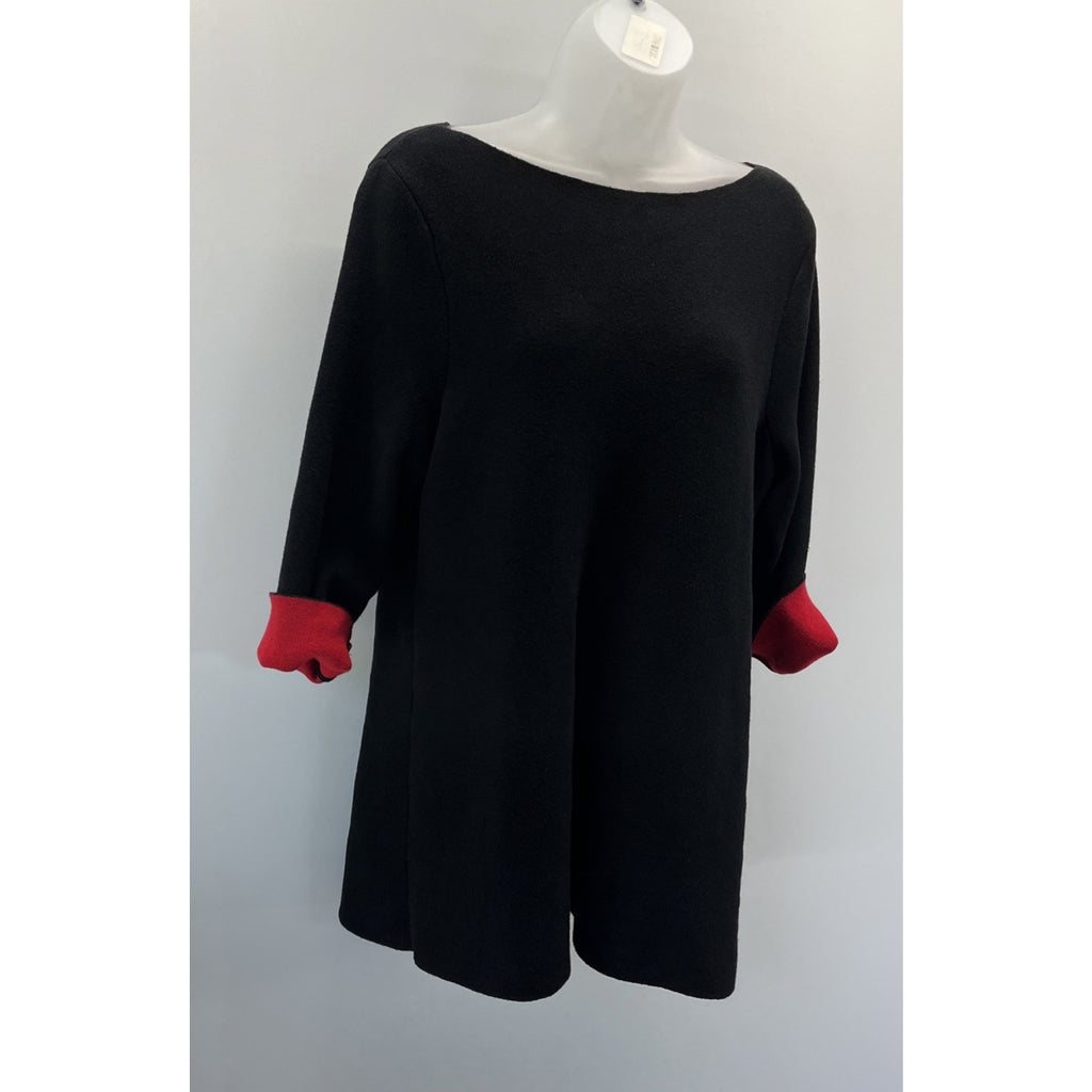 Chico’s Bi-Color Double Knit Sweater Black Red 3/4 Sleeves Soft Cozy Sz L