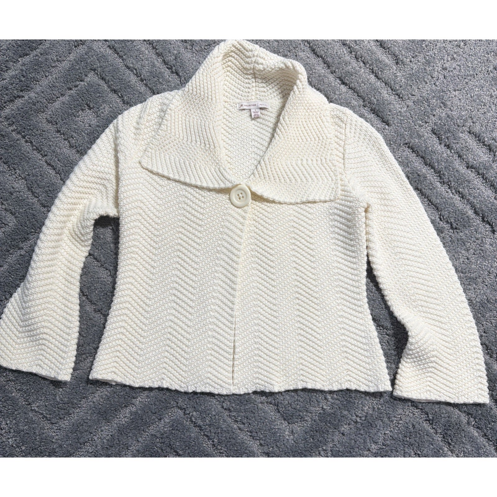 JM Collection Cream Textured 1 Snap Chunky Knit Cardigan Sweater Wool Blend S