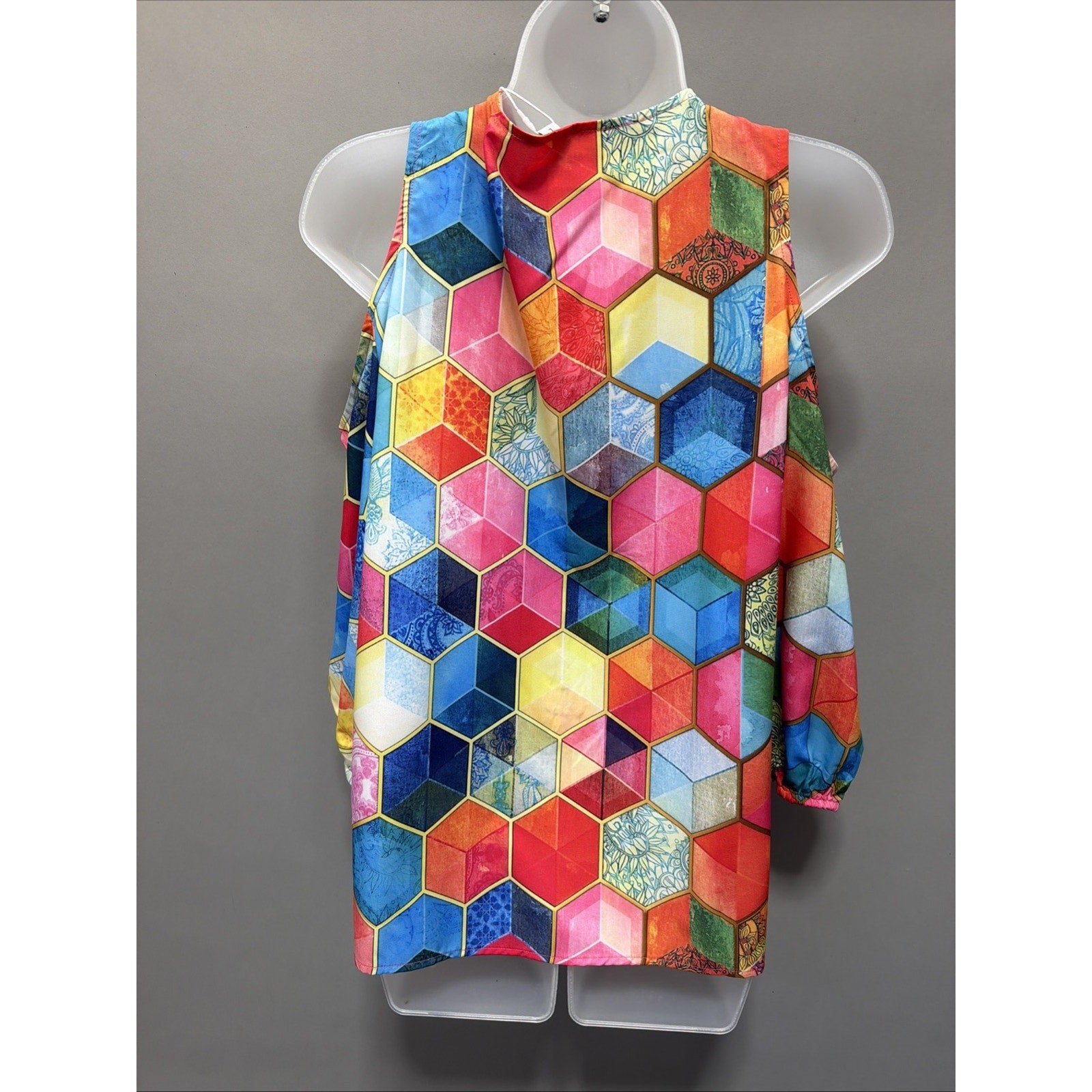 NWT Bluzka Damska Geometric Multi-Colored Print Cold Shoulder Blouse Top L