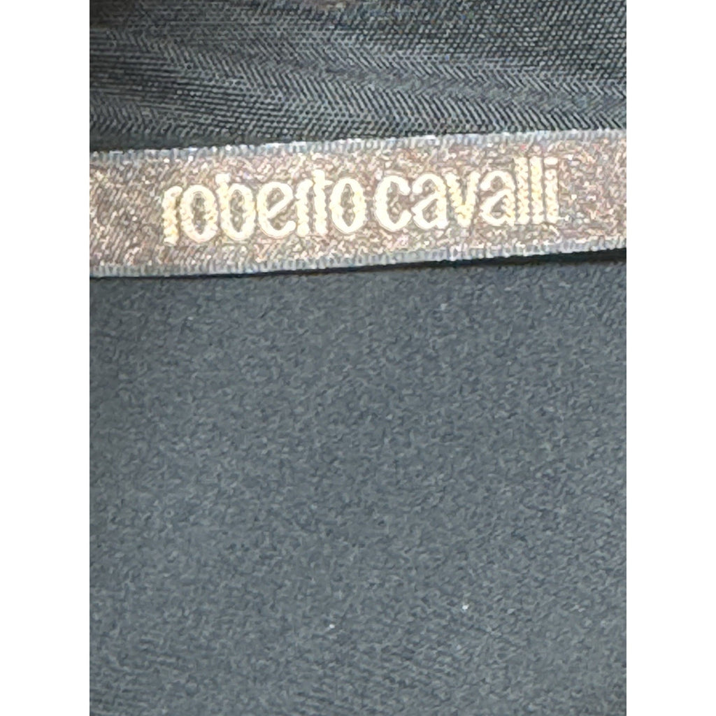 Roberto Cavalli Black Empire Waist Dress IT 44 US 8 10 V Neck Pleated Waist Gold