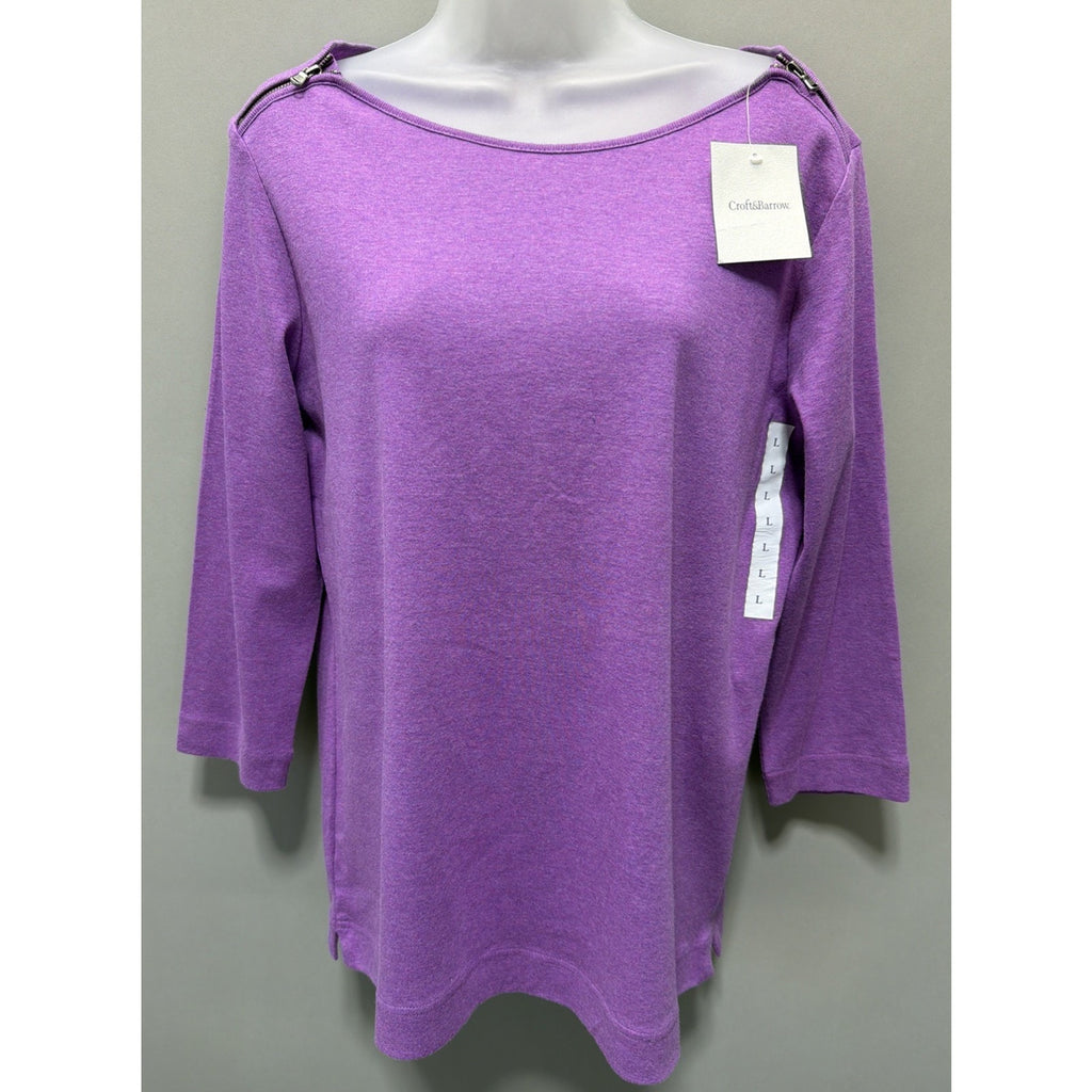 Croft Barrow Zip Shoulder Detail 3/4 Sleeve Top Woman's L Solid Purple New