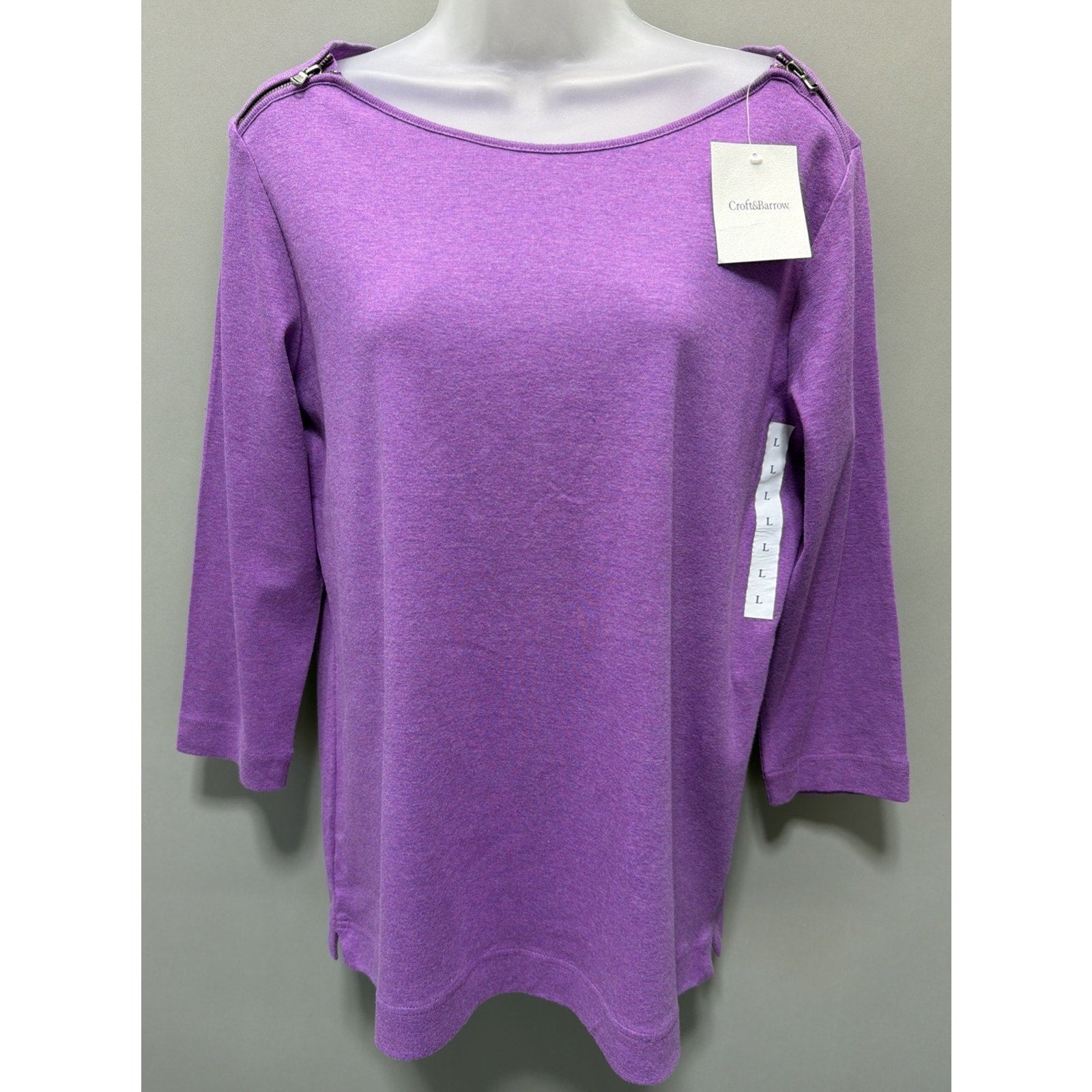 Croft Barrow Zip Shoulder Detail 3/4 Sleeve Top Woman's L Solid Purple New