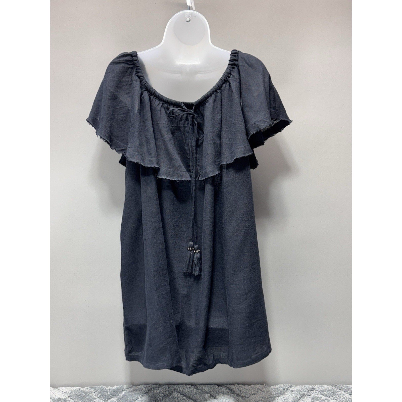 Free People Black Ruffle Mini Dress Tunic Top Blouse Raw Hem Women’s M New