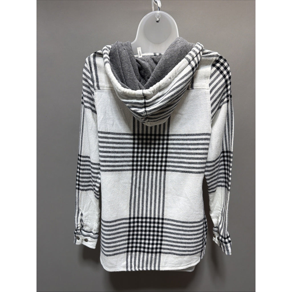 BKE Boyfriend Eased Hooded Flannel Full Zip Shacket Womens Medium White Black