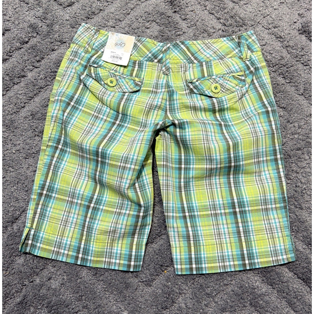 SO WEAR DECLARE size 5 PLAID blue green slit pocket BERMUDA SHORTS New