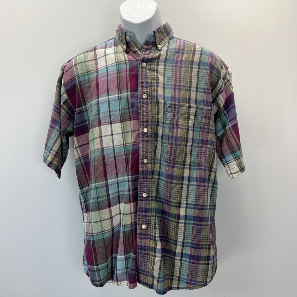 VTG Salty Dog Gant Mens Madras Short Sleeve Button Up Purple Green Plaid Size M