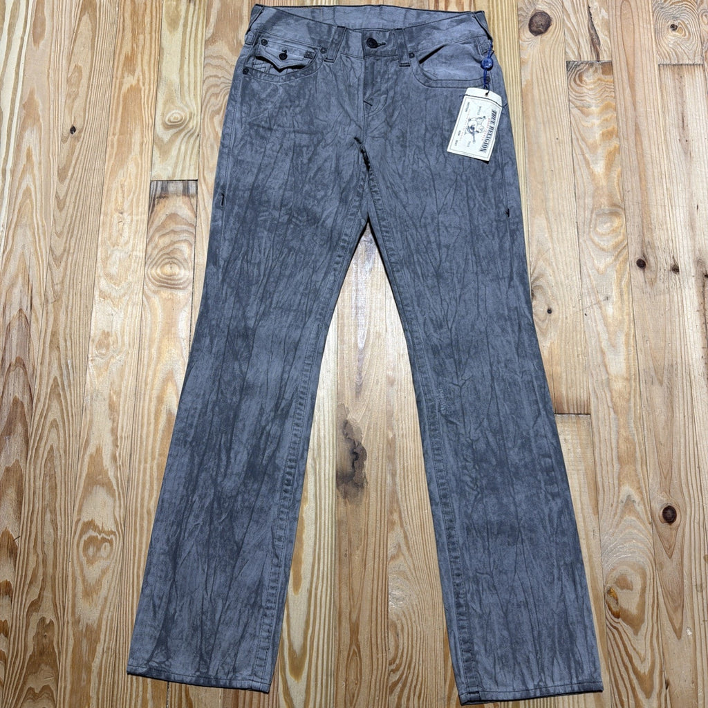True Religion Straight Jeans Mens 34 x 33 Gray Black Dark Denim Flap
