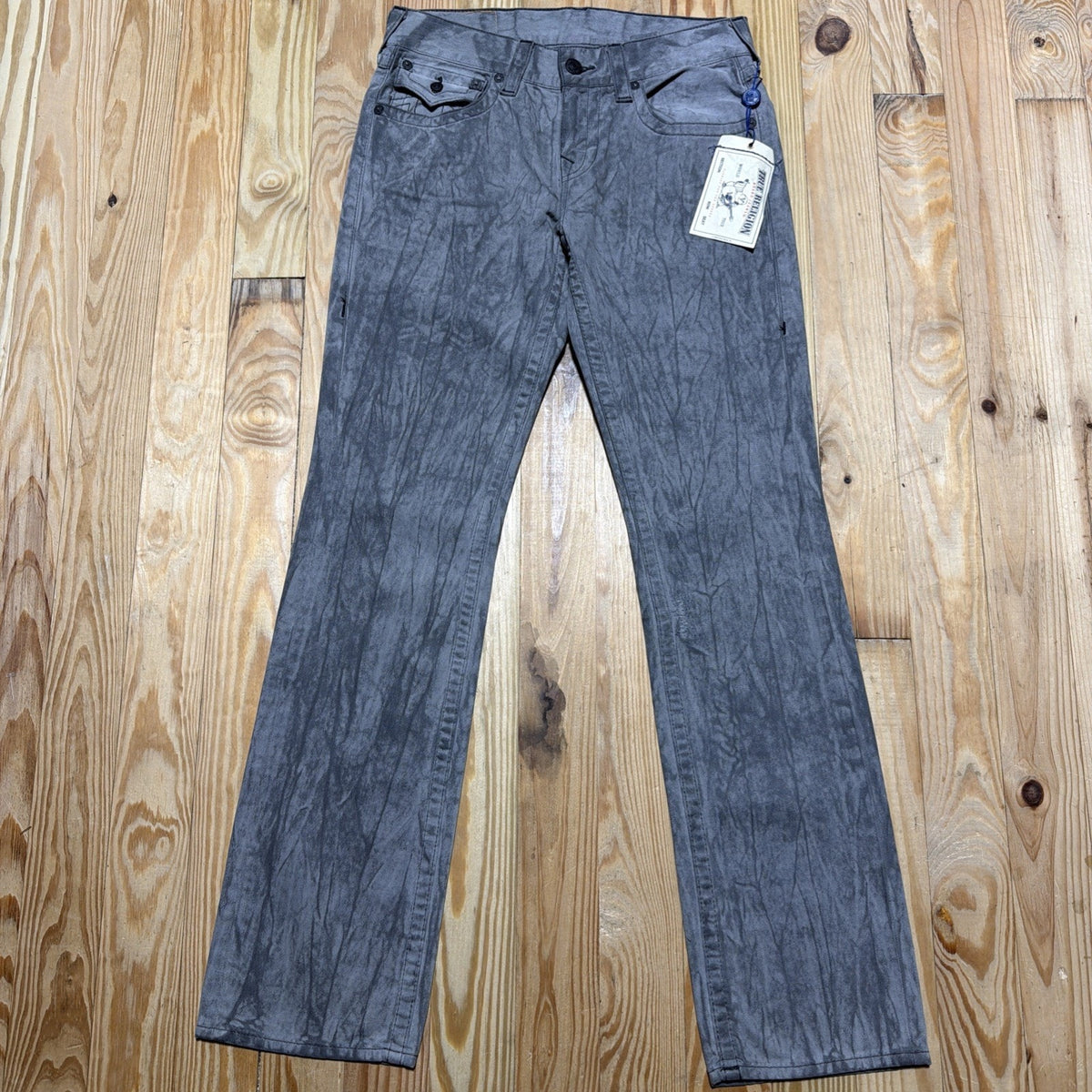 True Religion Straight Jeans Mens 34 x 33 Gray Black Dark Denim Flap