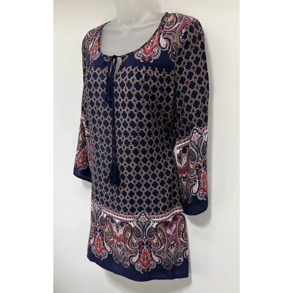 Blu Pepper Paisley Women's Dress Size S Lined navy blue keyhole sheath boho