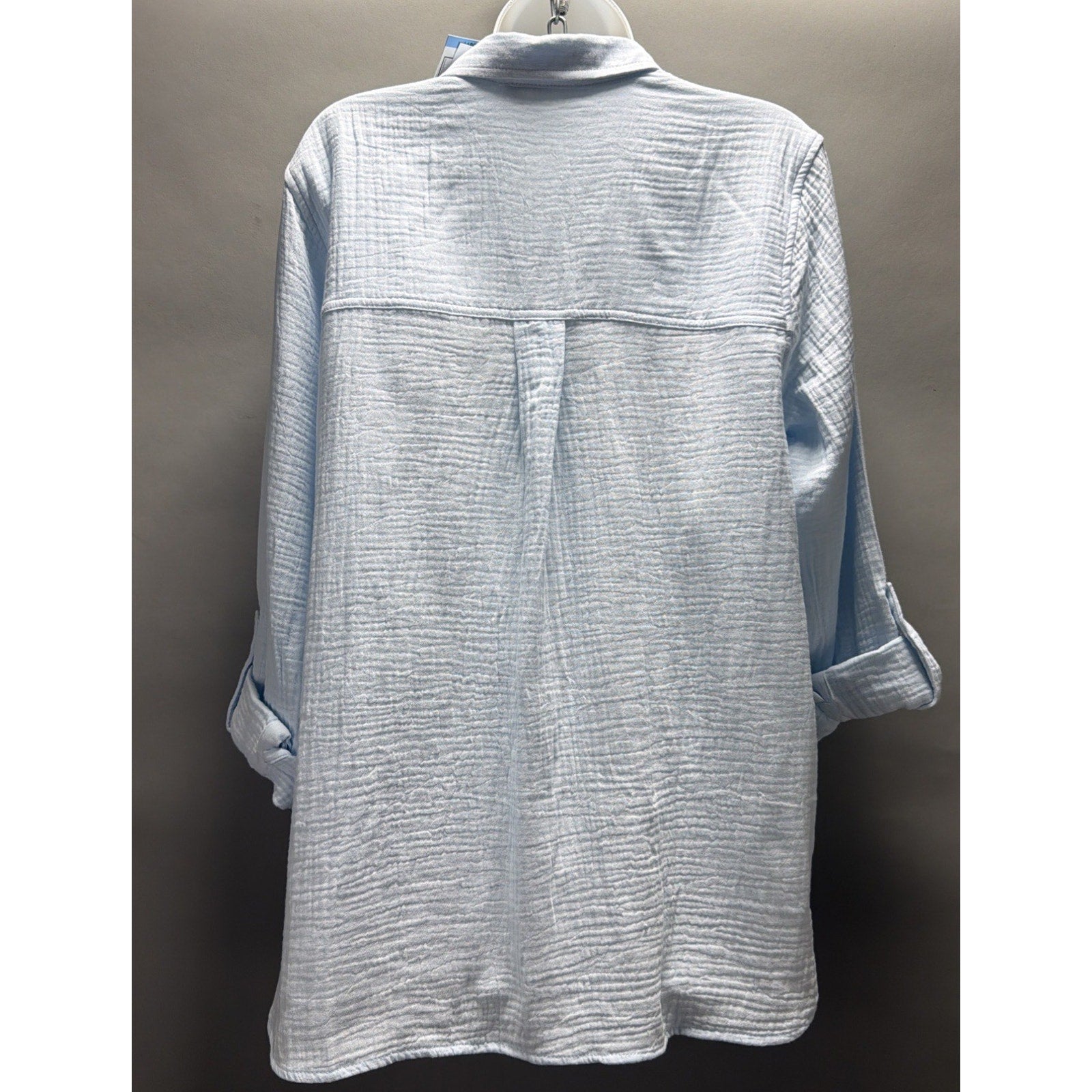 NWT NINE WEST Womens Large Ice Blue Gauze Long Sleeve Roll-Tab Cotton Shirt
