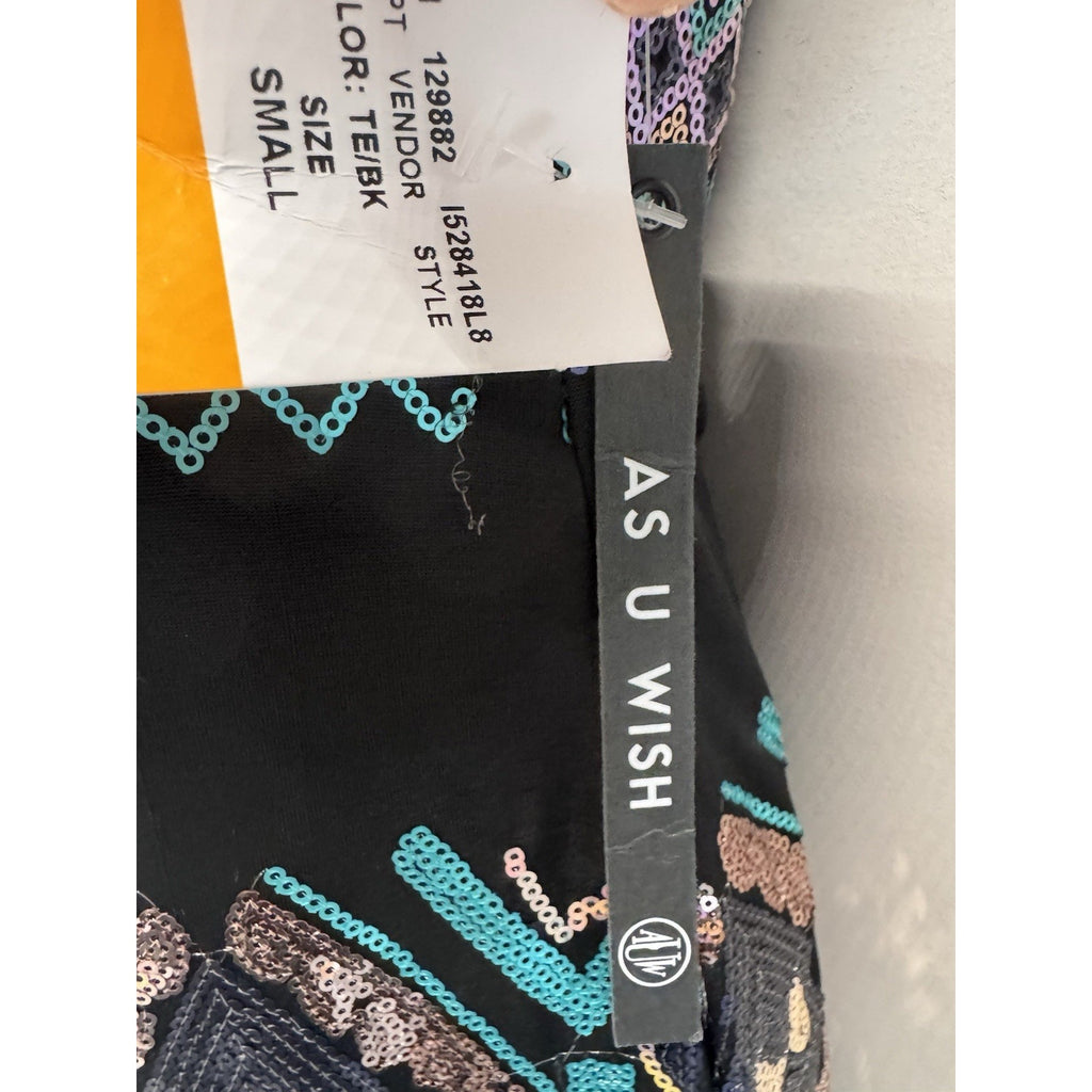 AS U WISH Sequin Bodycon Mini Dress Womens Small Black Teal Aztec Party Cocktail